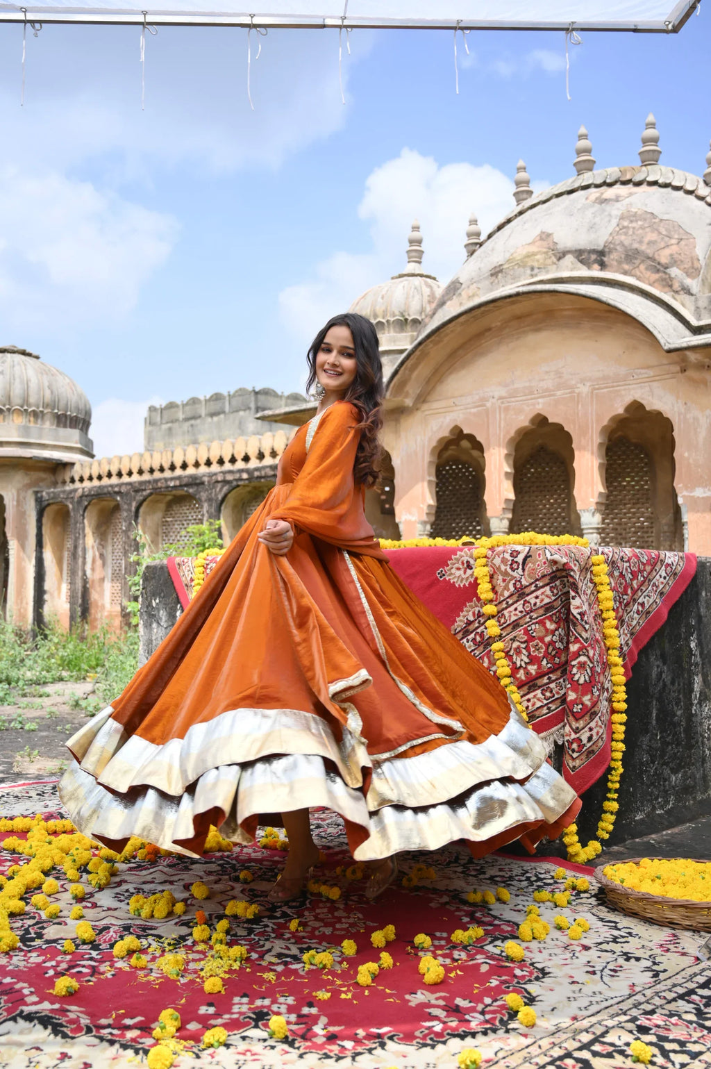Rust Orange Fendy Silk Anarkali Palazzo Set | Your Designer Studio