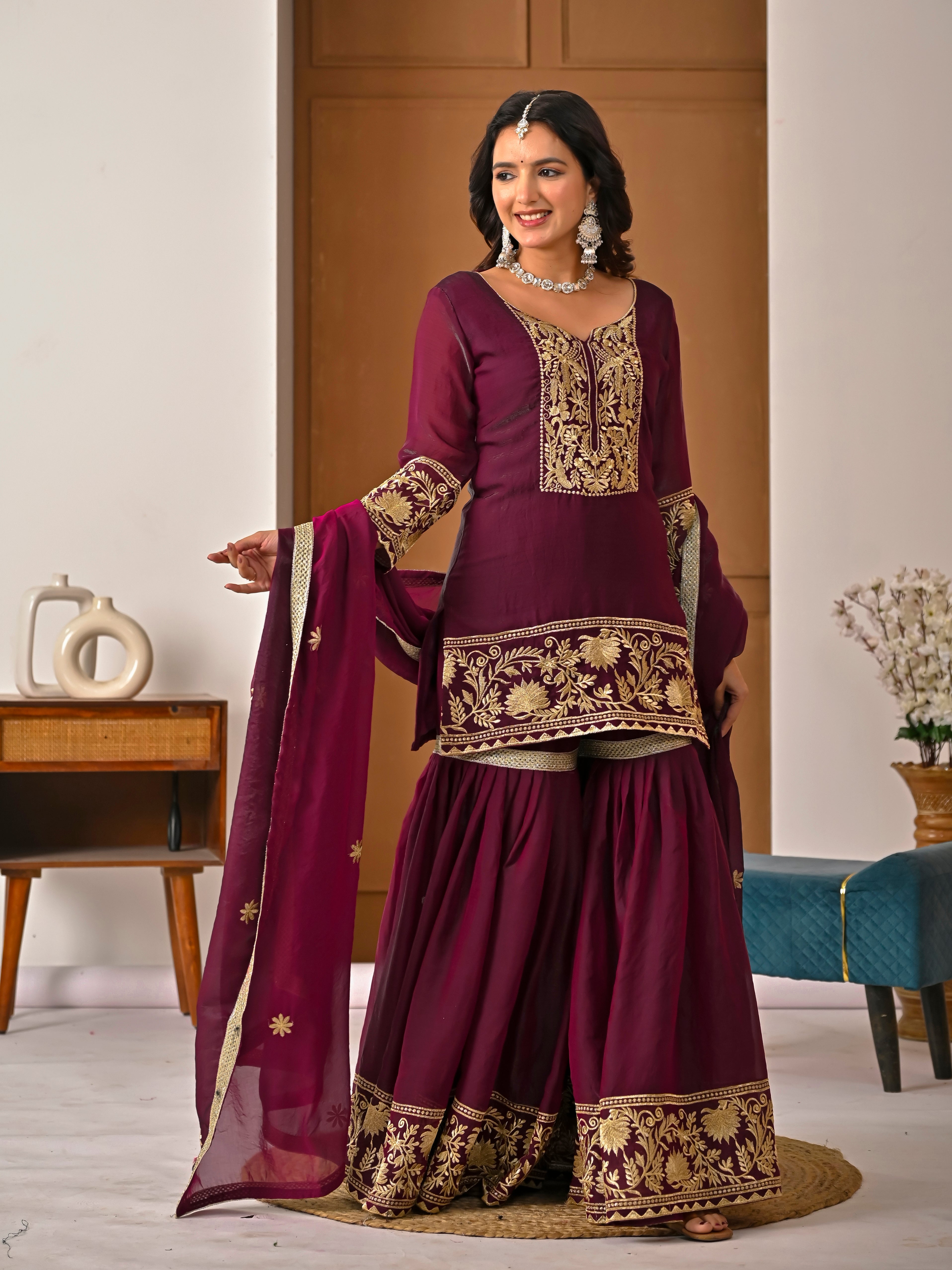 Wine Color Embroidered Fendy Silk Sharara Set | Your Designer Store