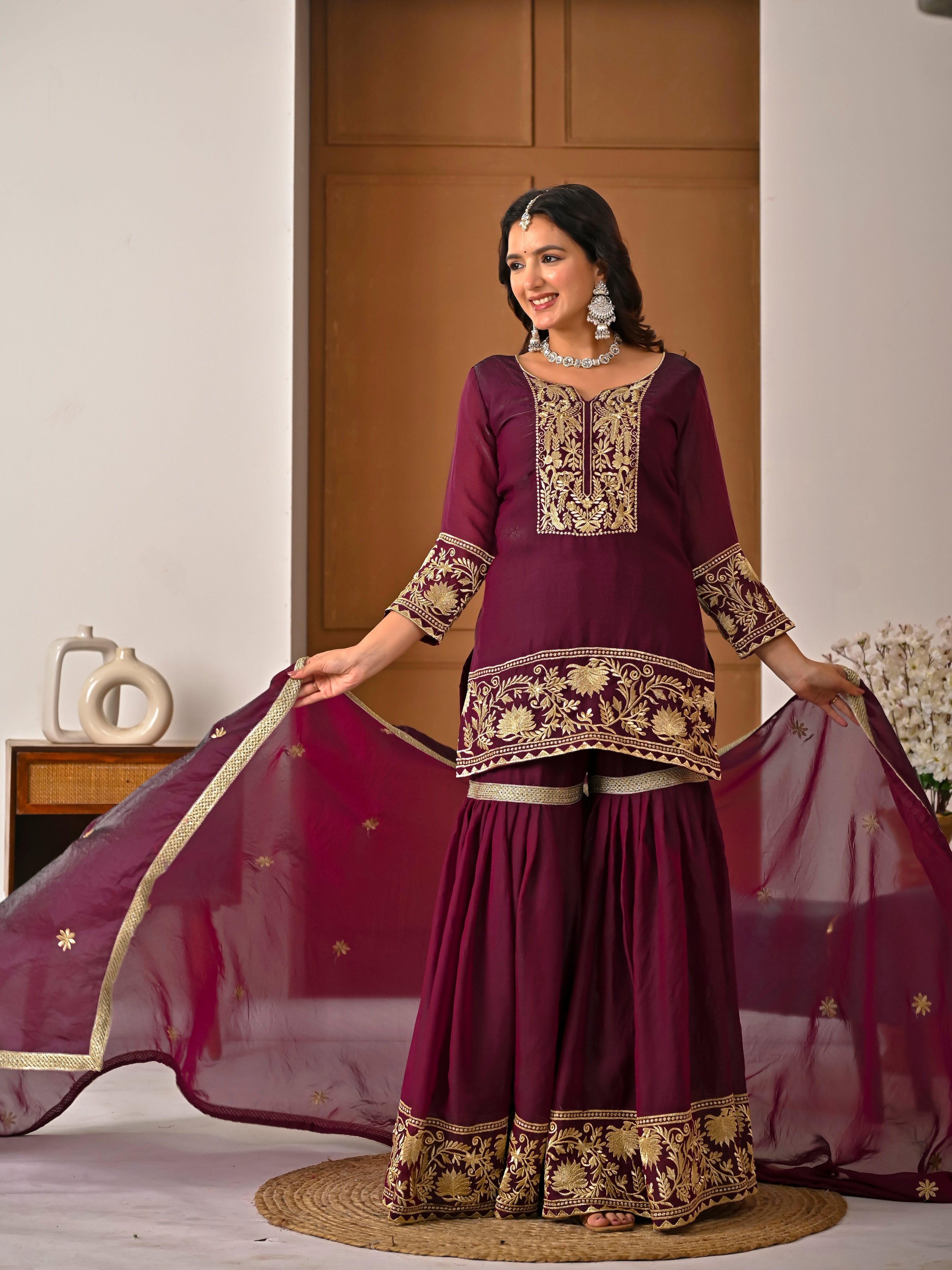 Wine Color Embroidered Fendy Silk Sharara Set | Your Designer Store