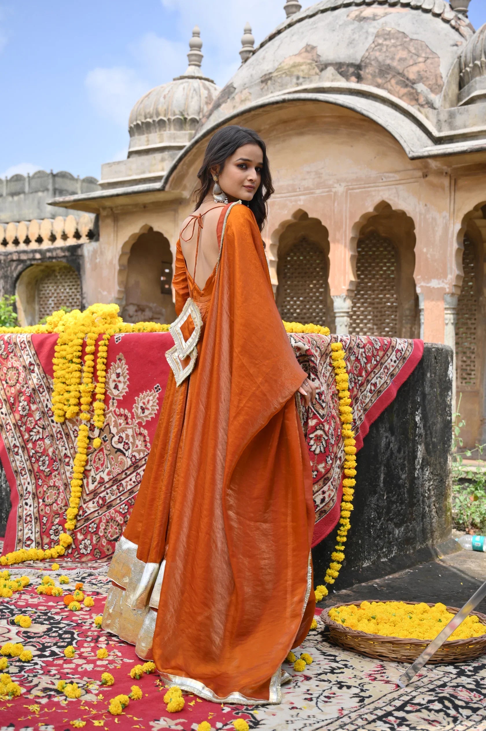 Rust Orange Fendy Silk Anarkali Palazzo Set | Your Designer Studio
