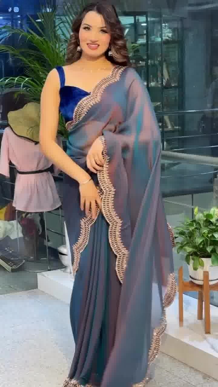 Elegant Moss Fabric Saree with Swarovski Diamond Work