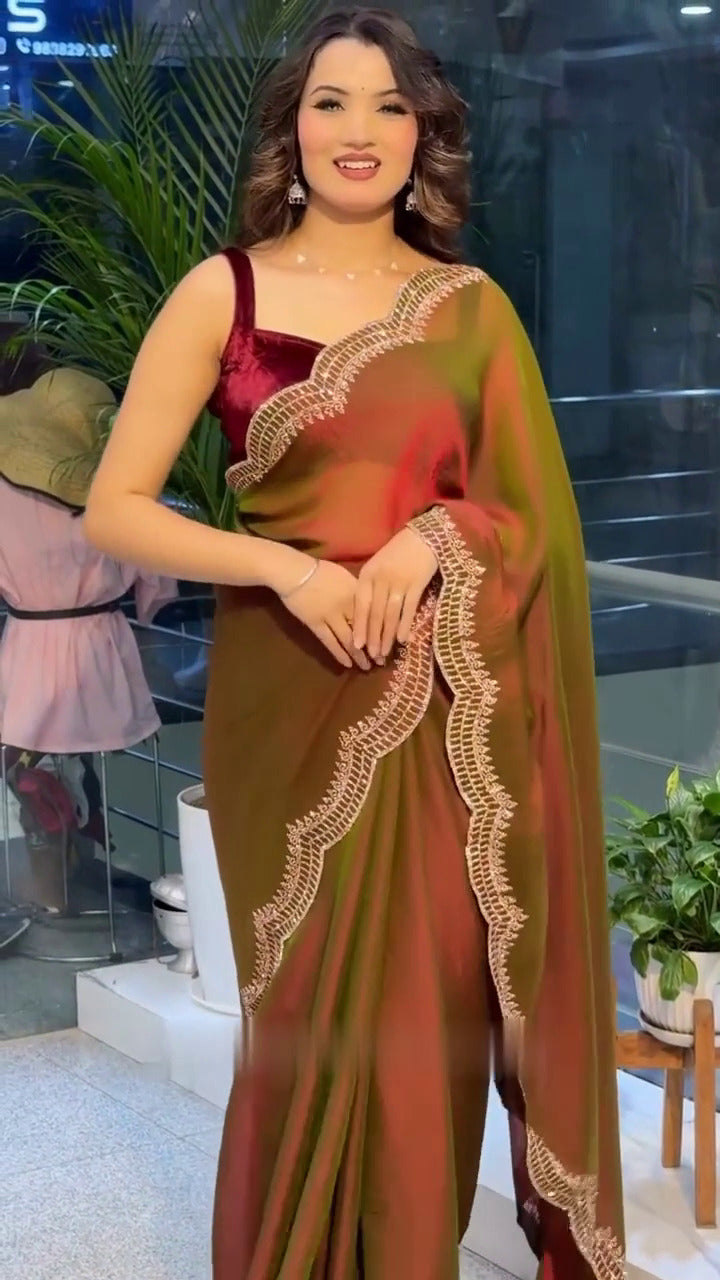 Elegant Moss Fabric Saree with Swarovski Diamond Work