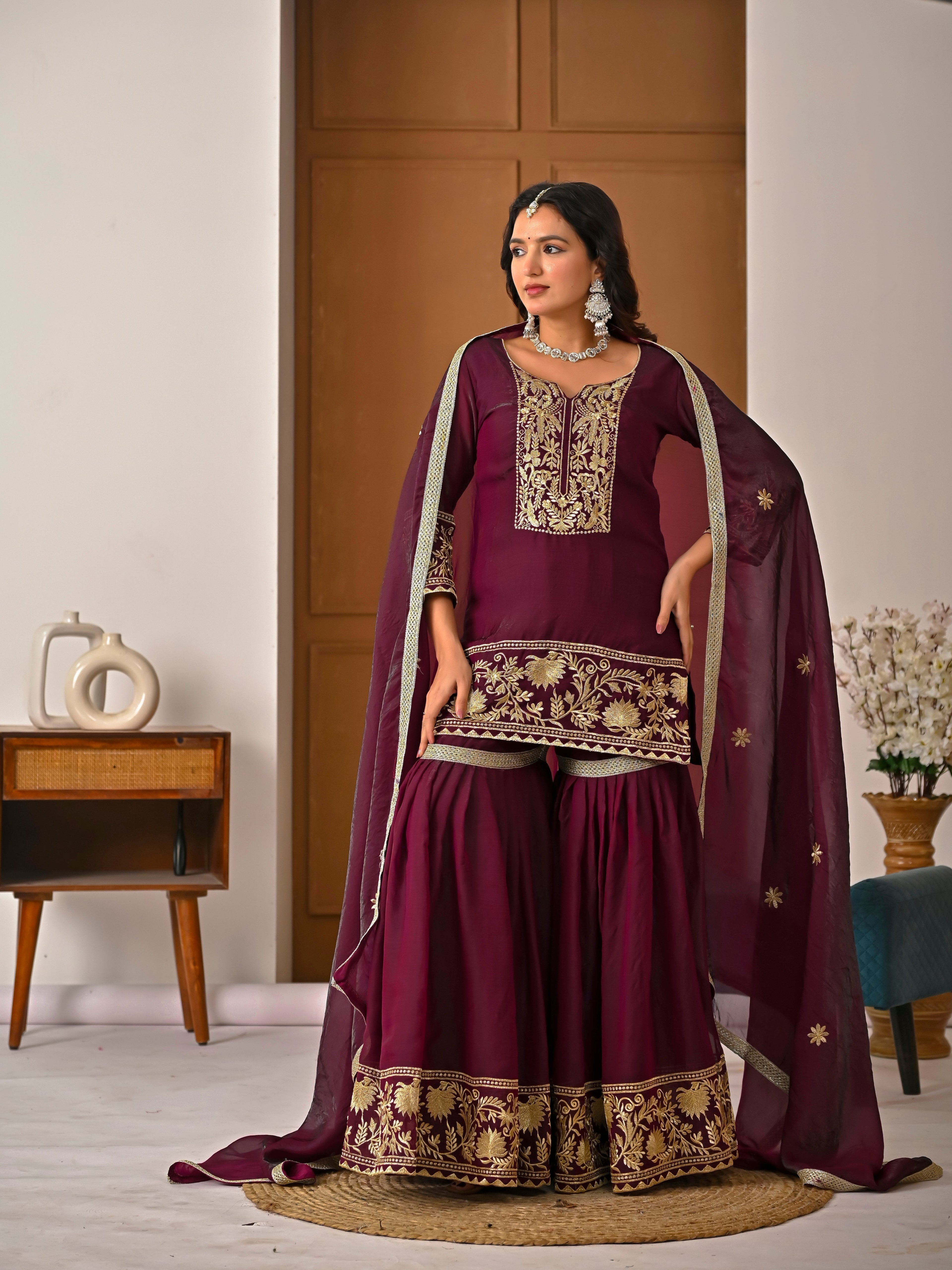Wine Color Embroidered Fendy Silk Sharara Set | Your Designer Store