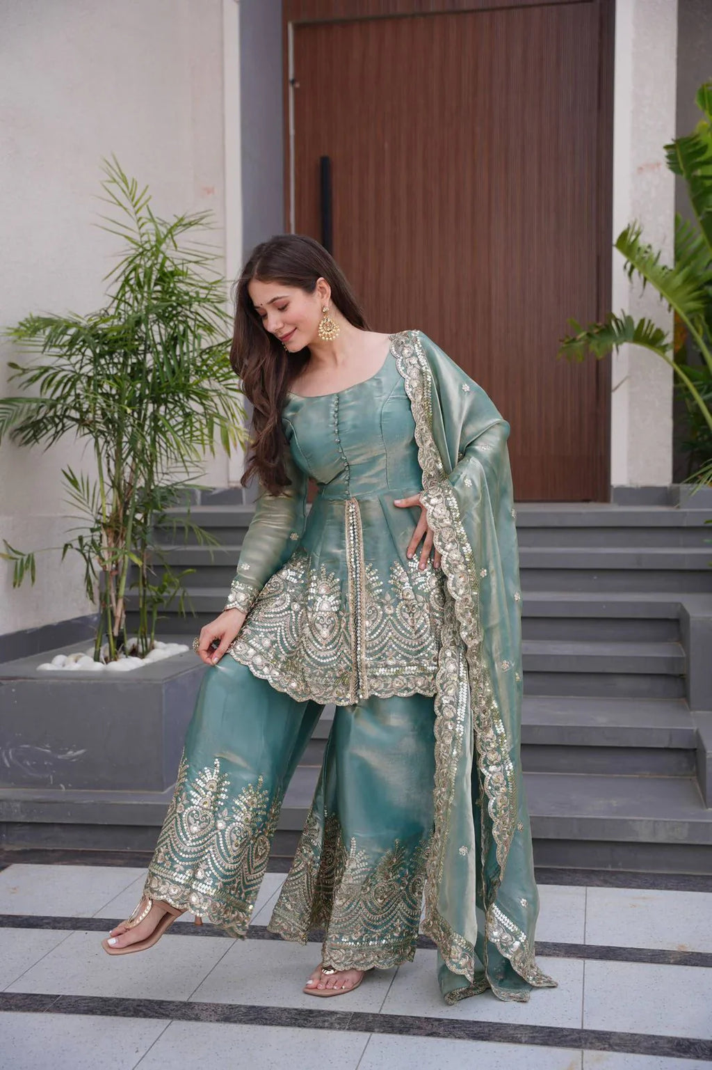 Teal Green Fendy Satin Silk Sharara Set with Mirror Work