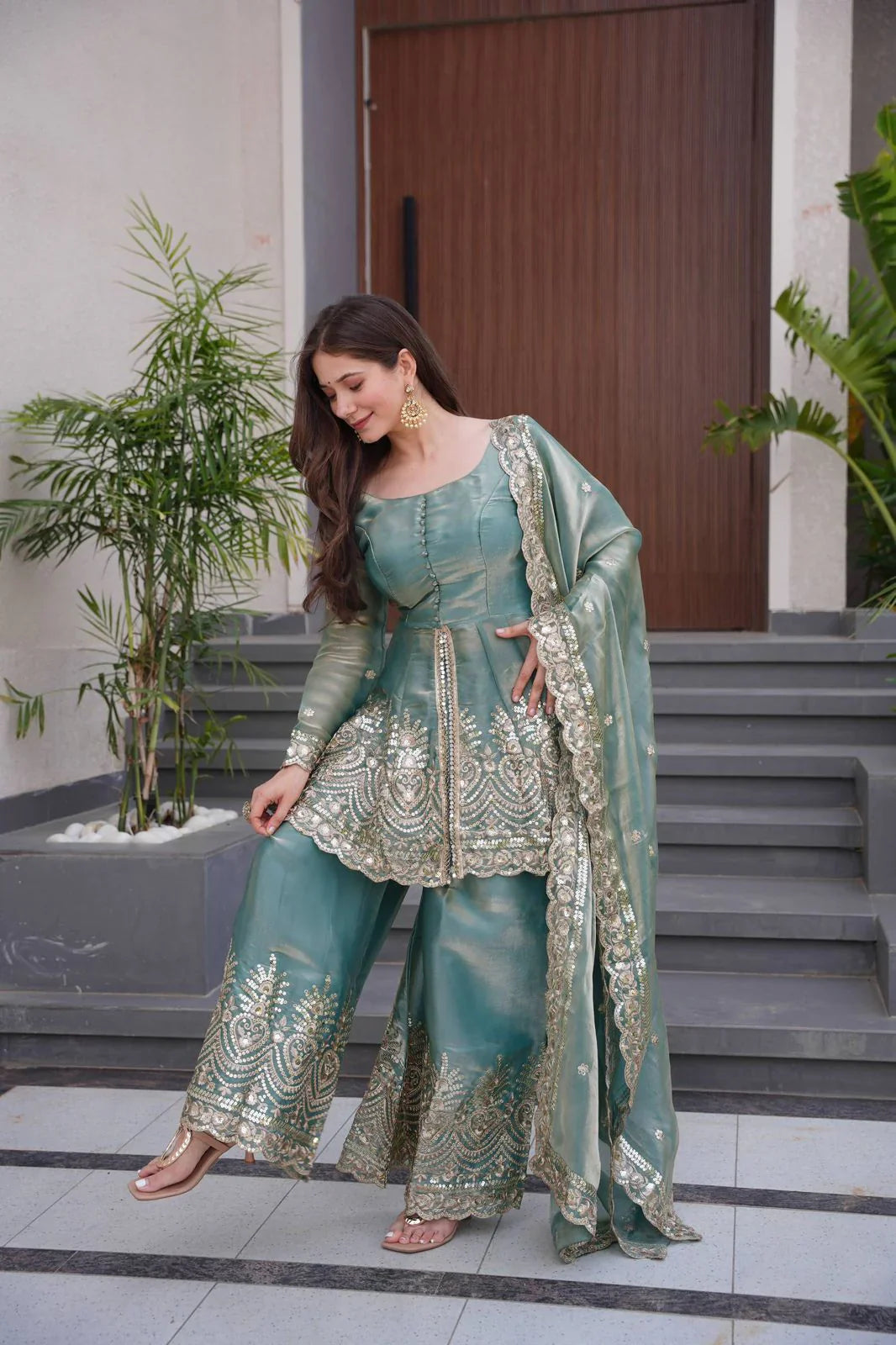 Teal Green Fendy Satin Silk Sharara Set with Mirror Work