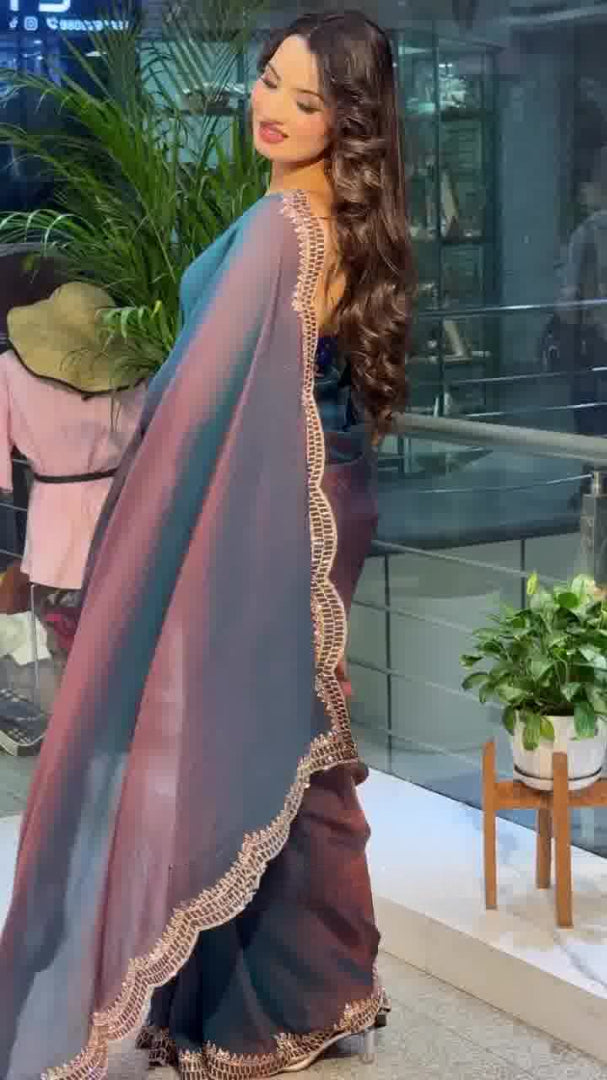 Elegant Moss Fabric Saree with Swarovski Diamond Work