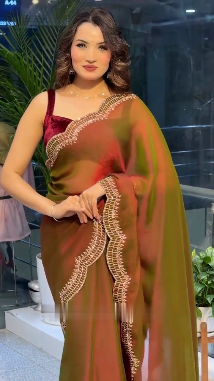Elegant Moss Fabric Saree with Swarovski Diamond Work