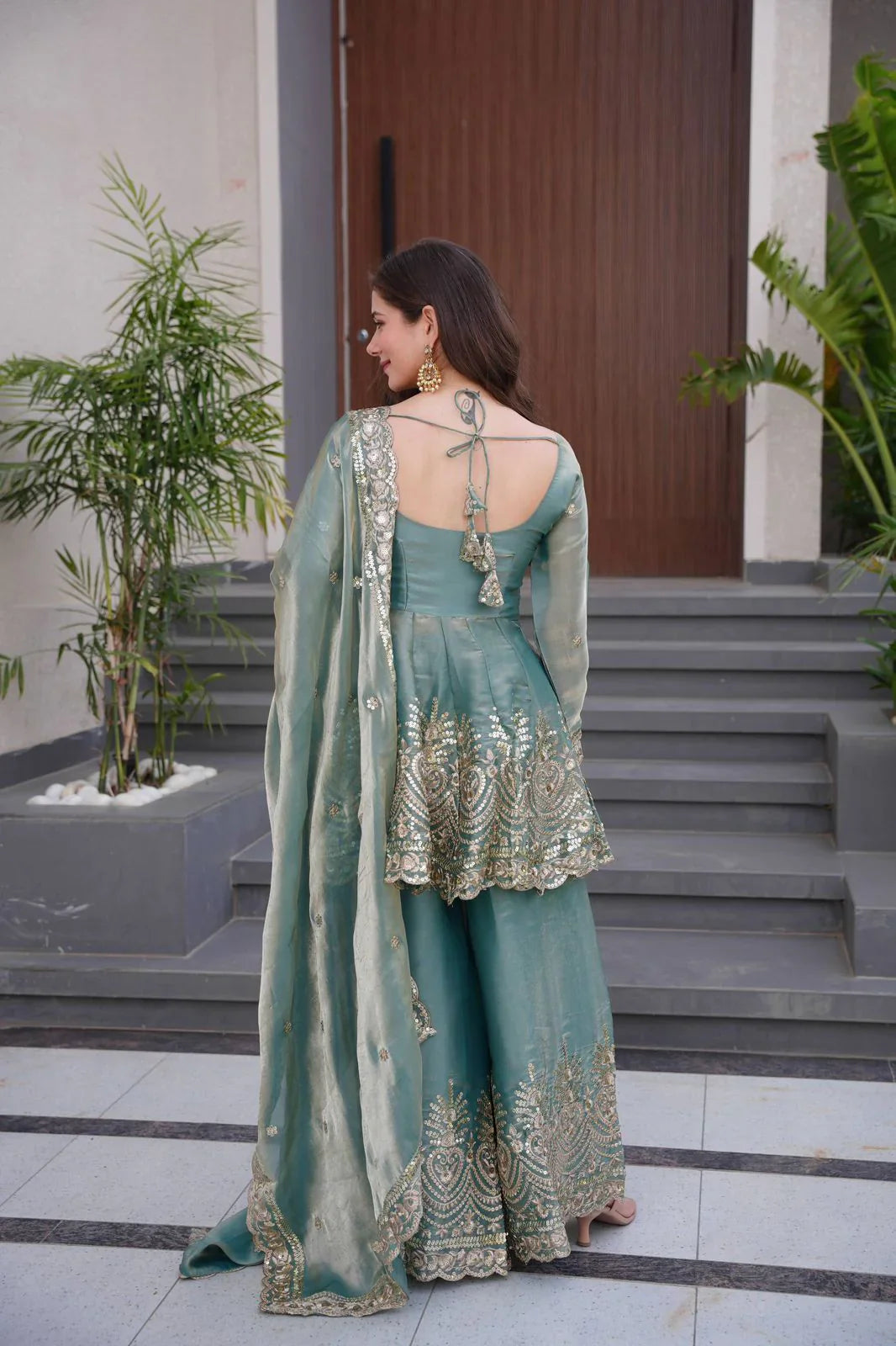 Teal Green Fendy Satin Silk Sharara Set with Mirror Work