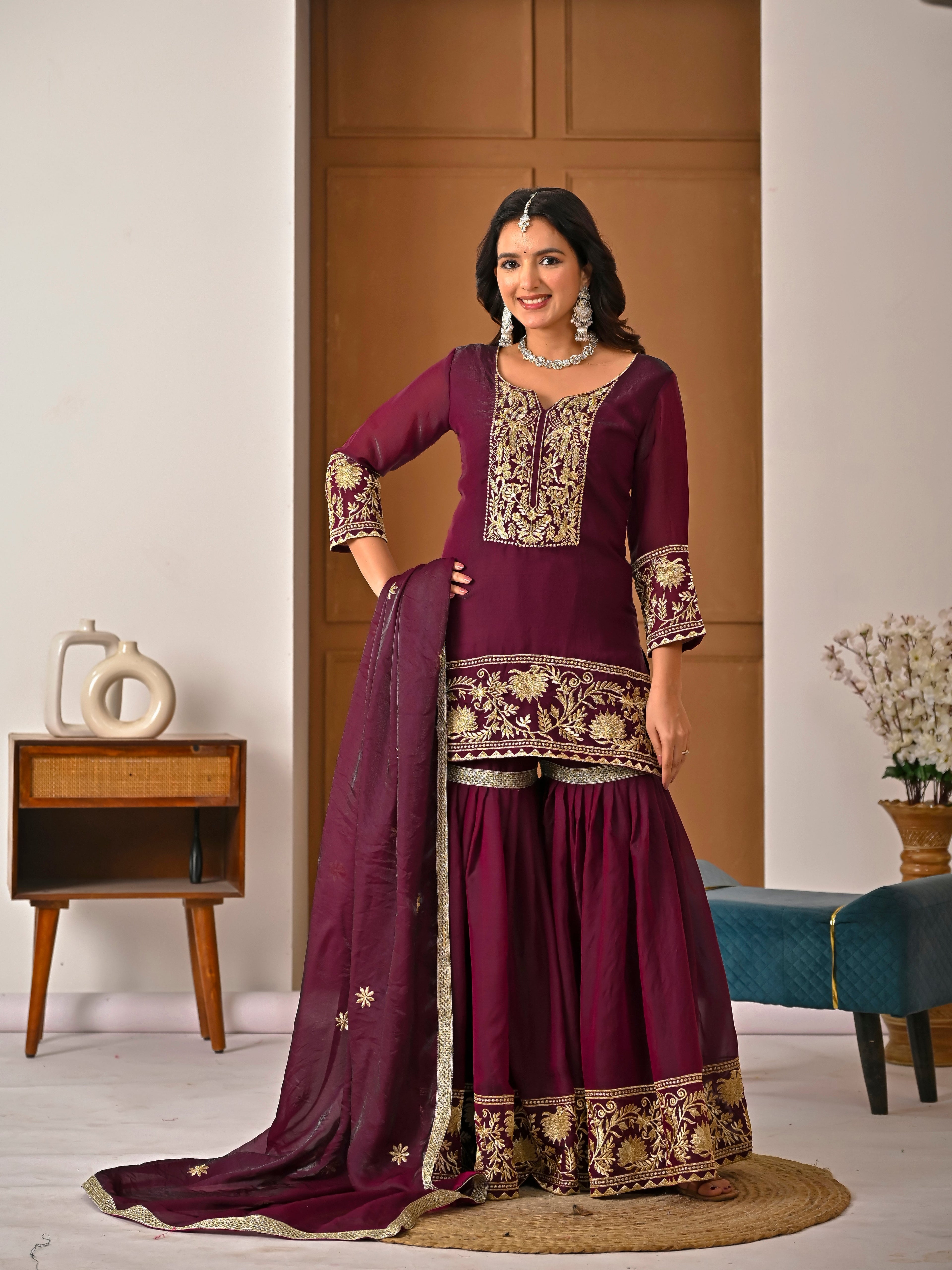 Wine Color Embroidered Fendy Silk Sharara Set | Your Designer Store