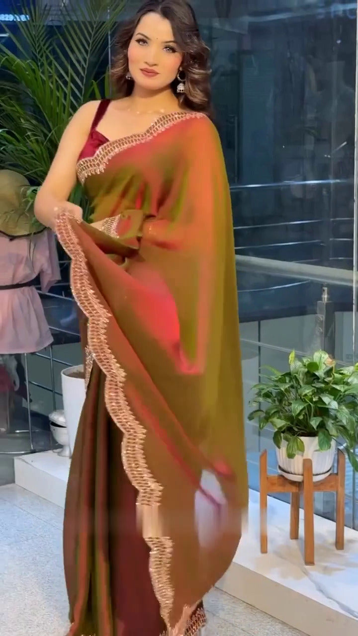 Elegant Moss Fabric Saree with Swarovski Diamond Work