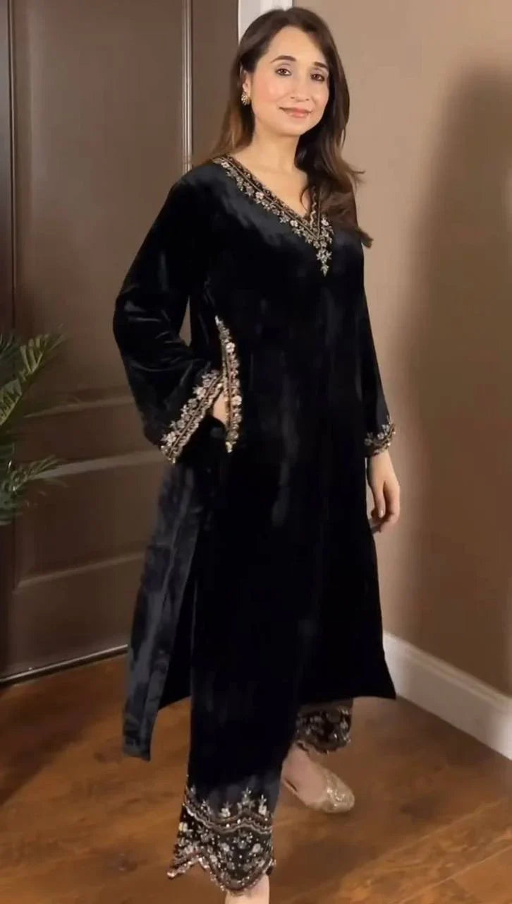 Premium Velvet Suit Set for Women | Embroidered Kurta & Pants