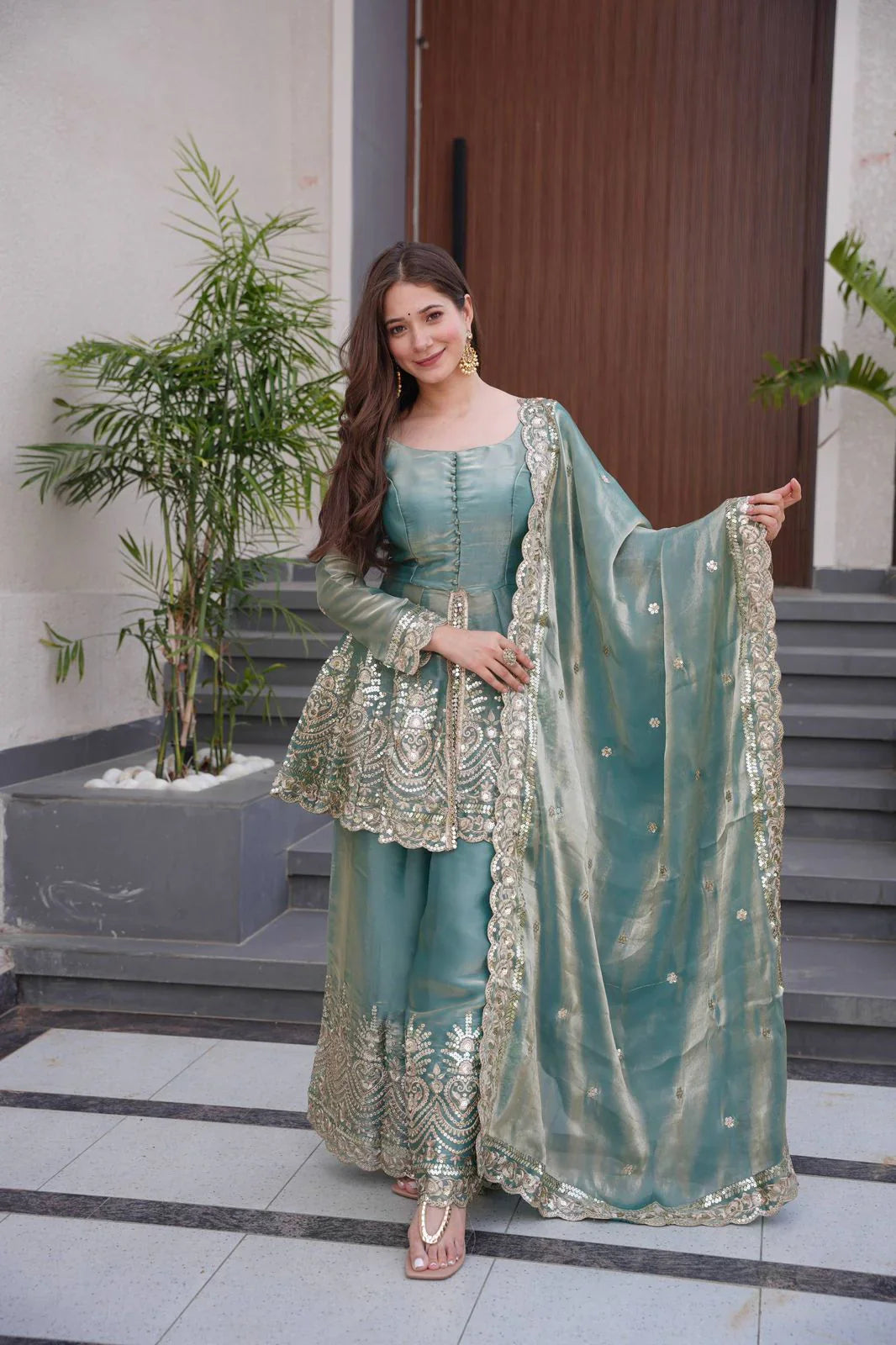 Teal Green Fendy Satin Silk Sharara Set with Mirror Work