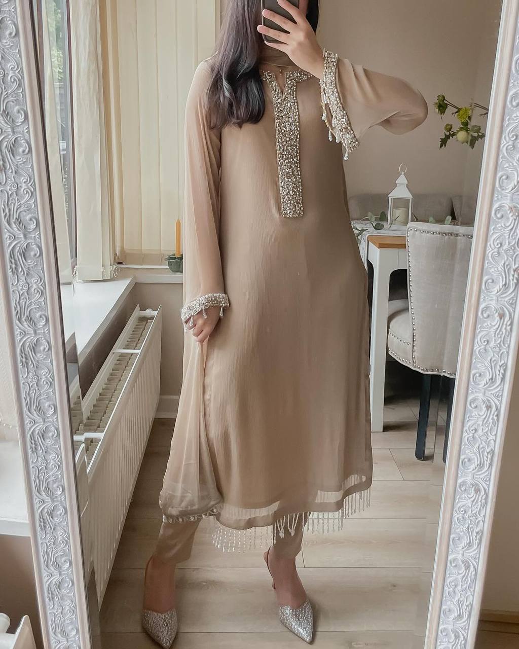 Designer Faux Georgette Suit with Real Moti Handwork