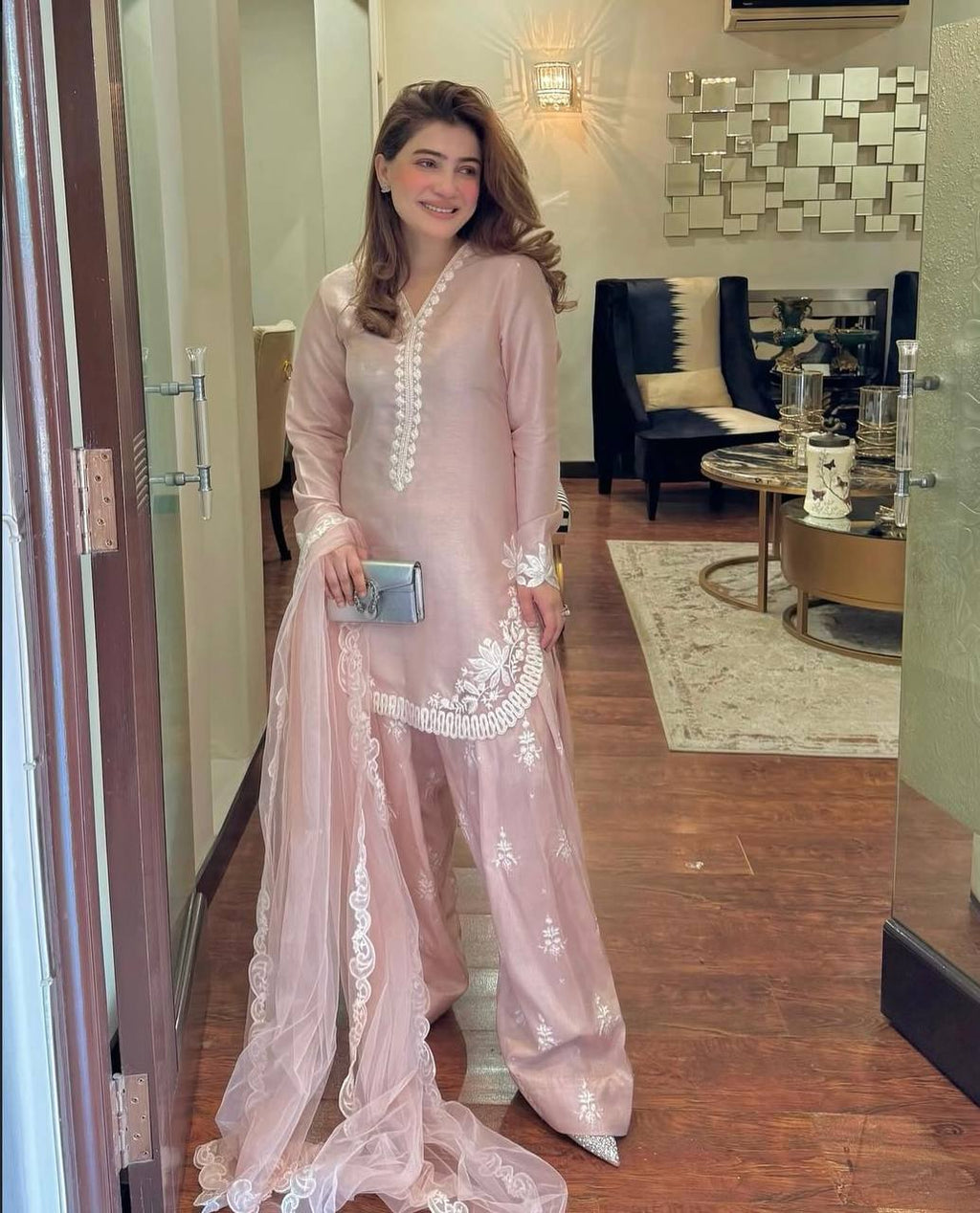 Your Designer Studio Blush Pink Embroidered Farshi Pant Suit Set in Natural Crepe Silk with Tissue Silk Dupatta