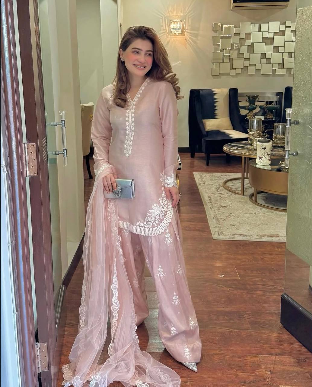 Your Designer Studio Blush Pink Embroidered Farshi Pant Suit Set in Natural Crepe Silk with Tissue Silk Dupatta