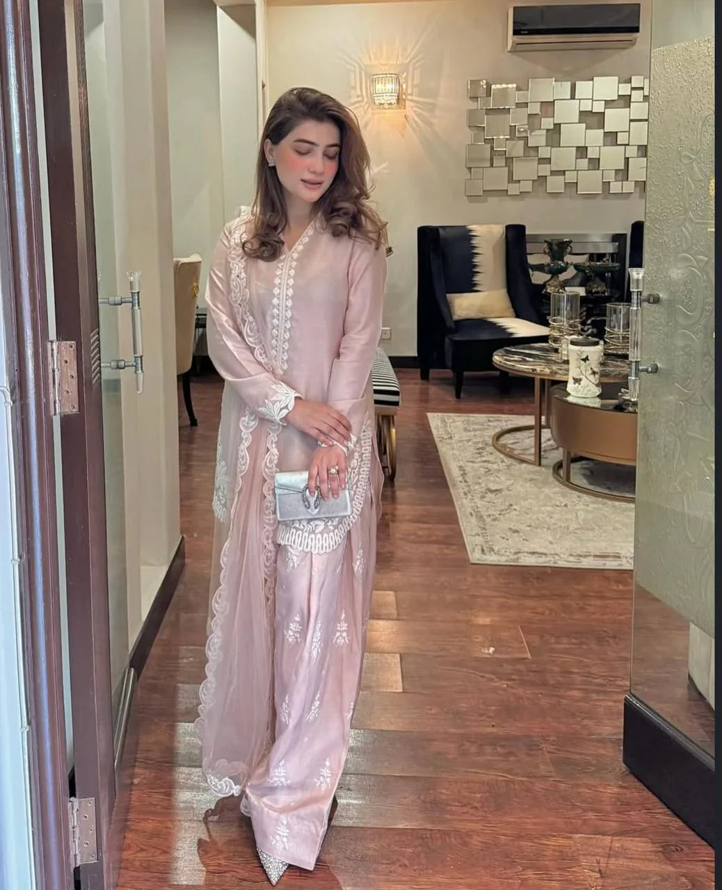 Your Designer Studio Blush Pink Embroidered Farshi Pant Suit Set in Natural Crepe Silk with Tissue Silk Dupatta