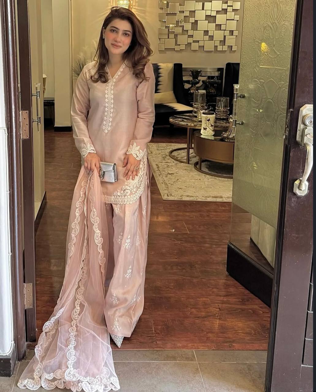 Your Designer Studio Blush Pink Embroidered Farshi Pant Suit Set in Natural Crepe Silk with Tissue Silk Dupatta