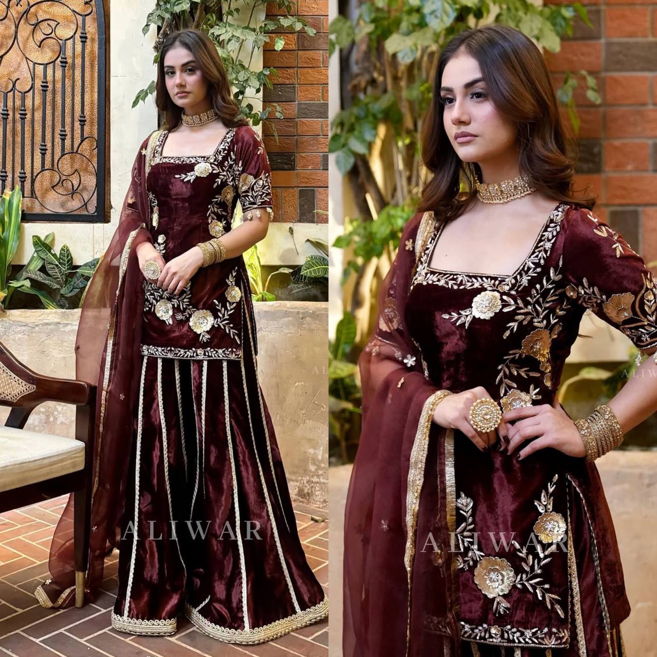 Premium Designer Velvet Sharara Suit with Heavy Embroidery & Net Dupatta
