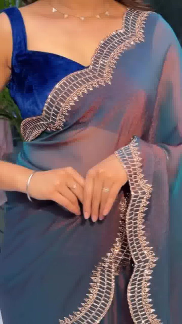 Elegant Moss Fabric Saree with Swarovski Diamond Work