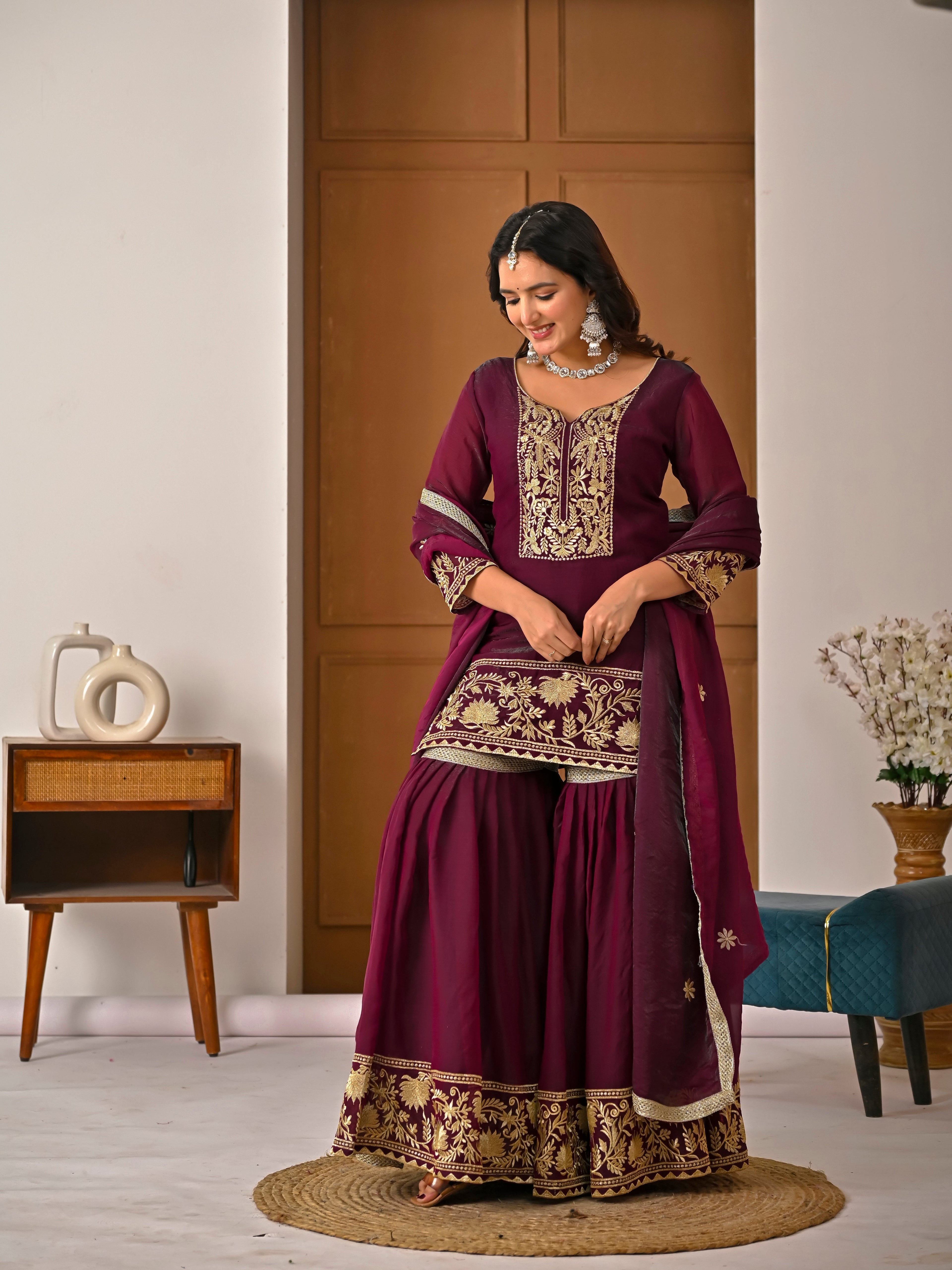 Wine Color Embroidered Fendy Silk Sharara Set | Your Designer Store