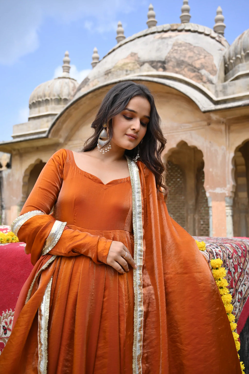 Rust Orange Fendy Silk Anarkali Palazzo Set | Your Designer Studio