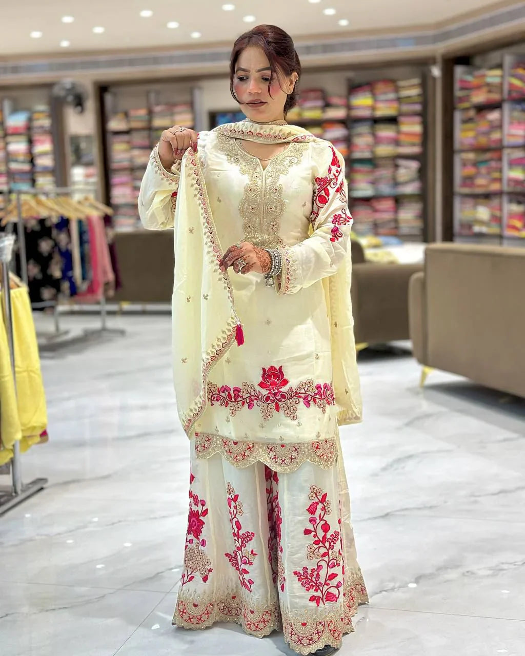 Festive & Wedding Wear White Chinon Silk Sharara Set for Women