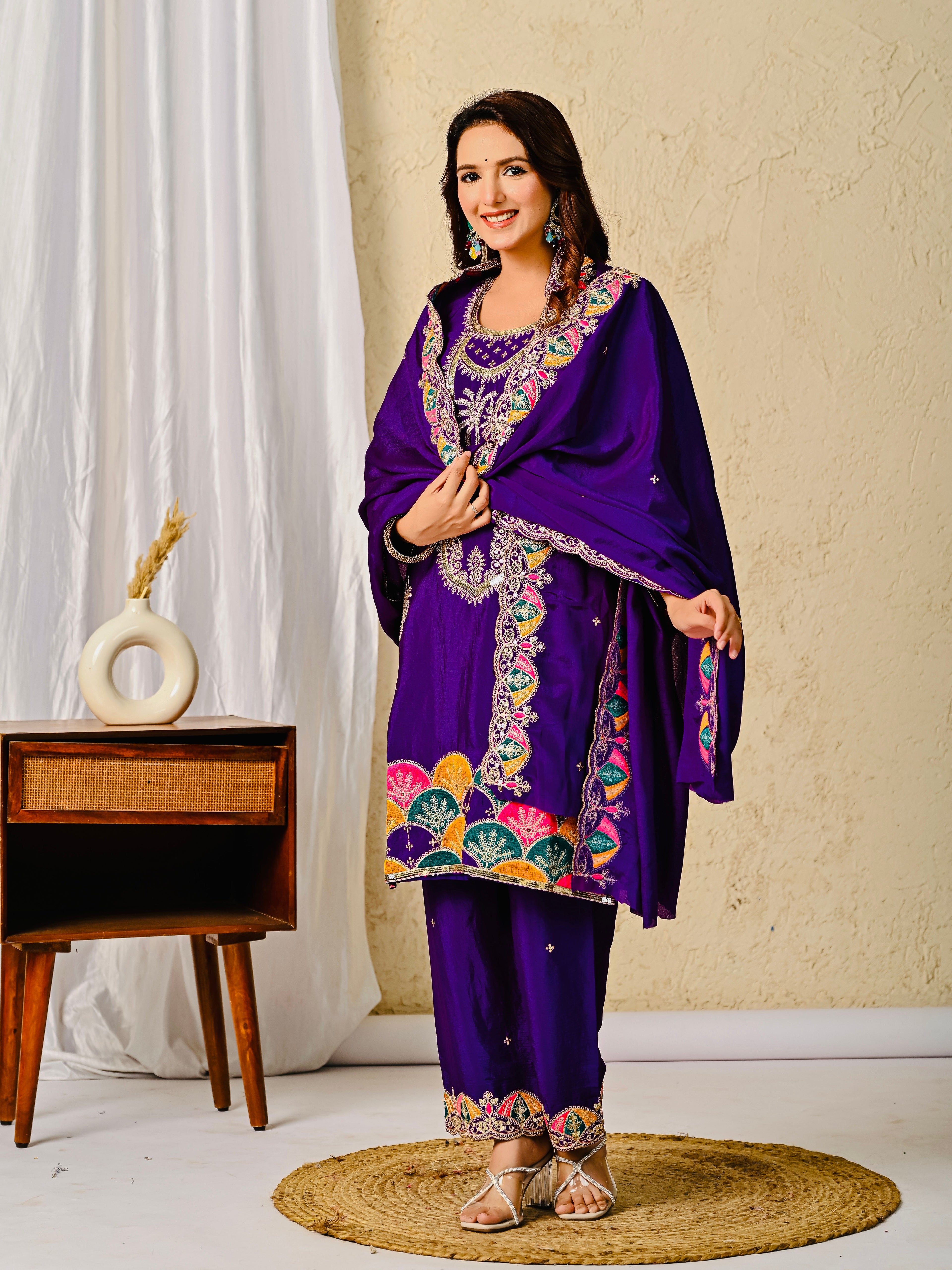 Premium Chinnon Silk Embroidered Party Wear Suit