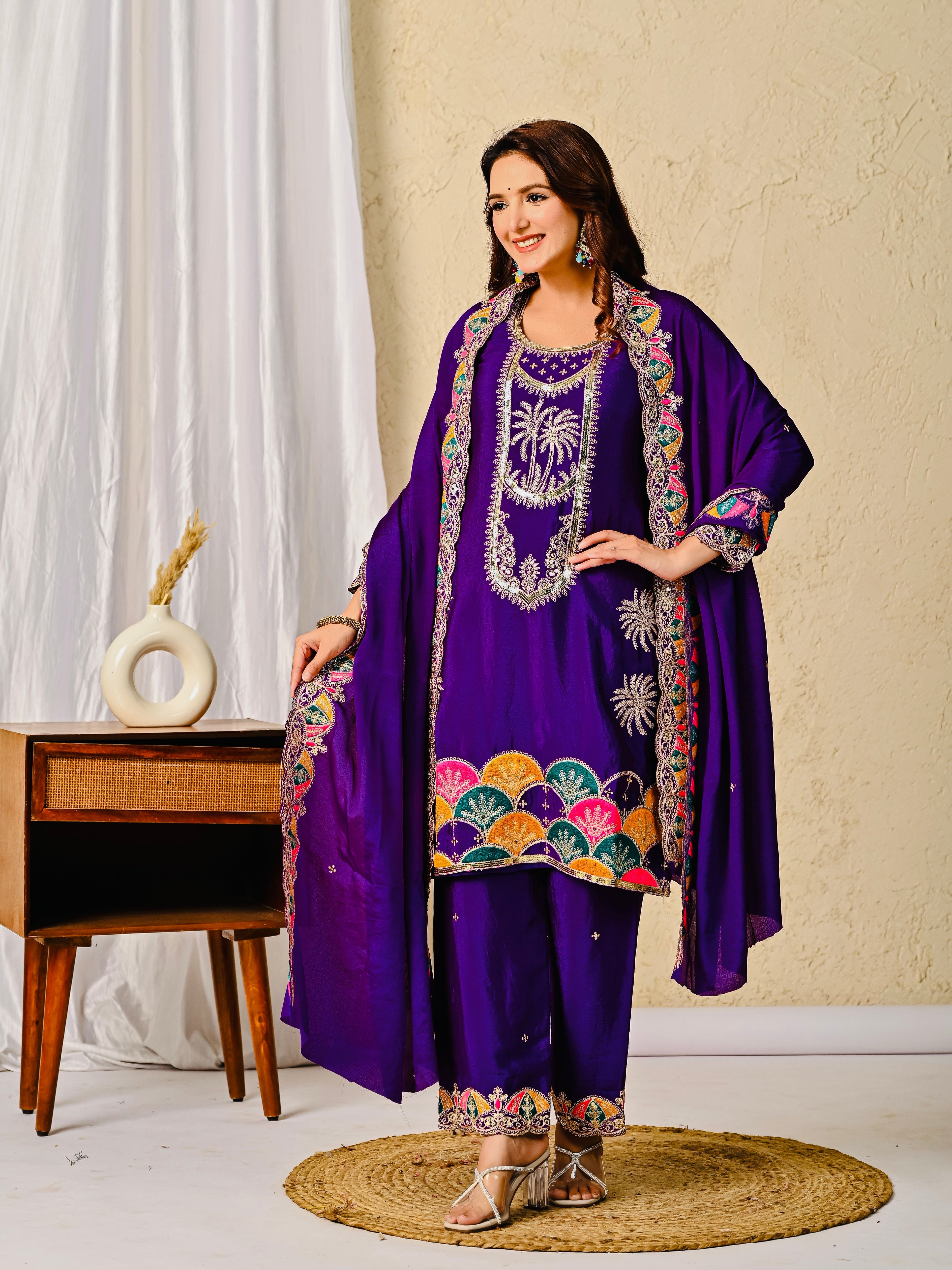 Premium Chinnon Silk Embroidered Party Wear Suit