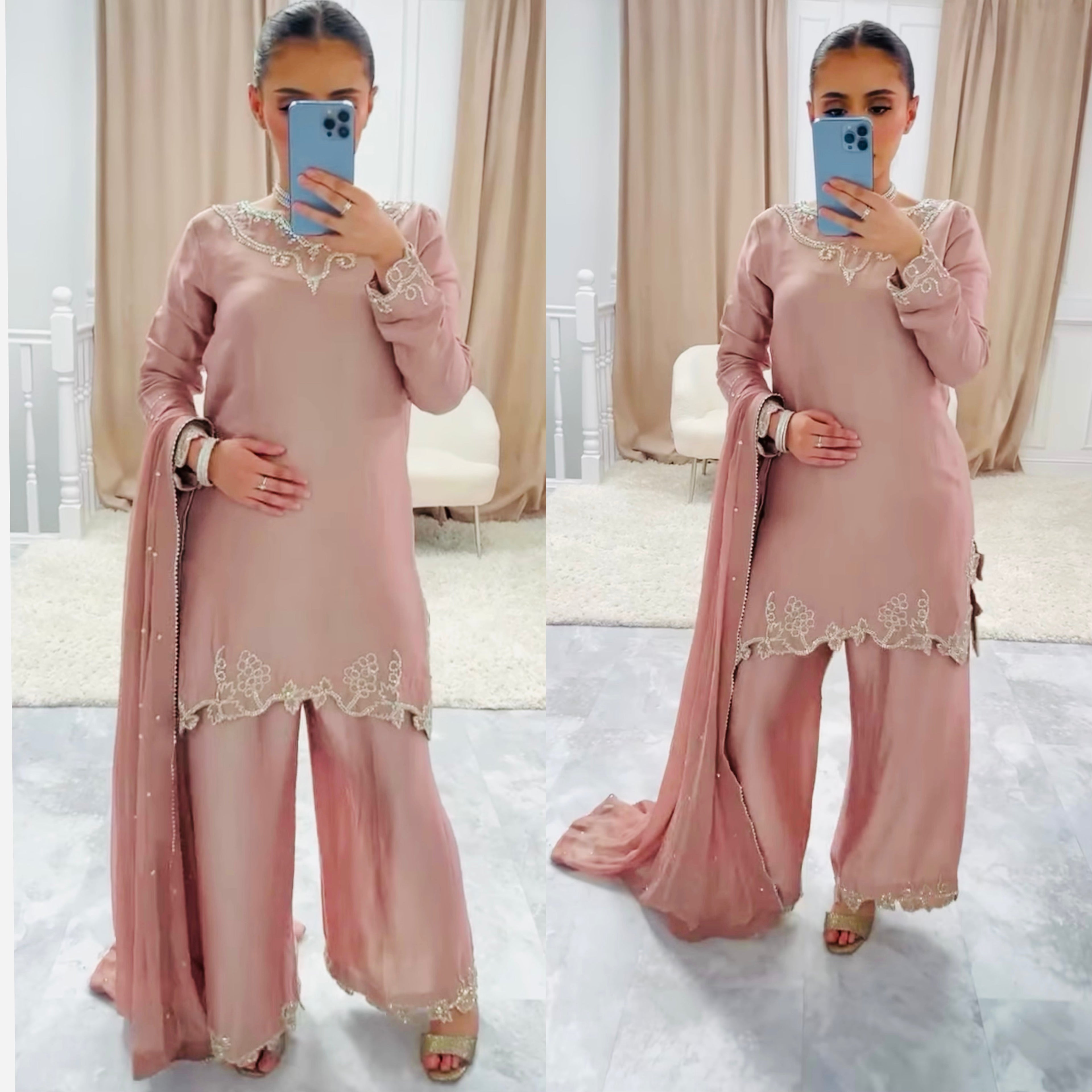 Designer Party Wear Crepe Silk Top with Farshi Salwar & Dupatta