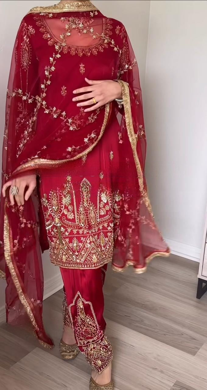 Designer Party Wear Crepe Silk Top, Pant & Dupatta