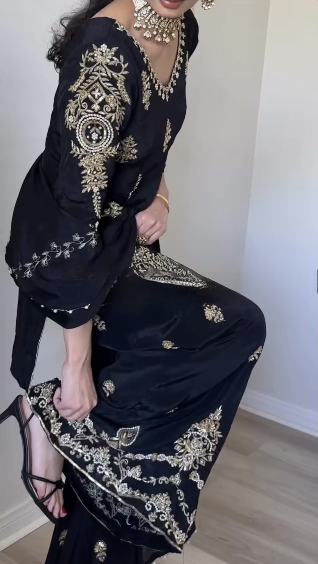 Stylish Embroidered Chinnon Silk Palazzo Set with Dupatta