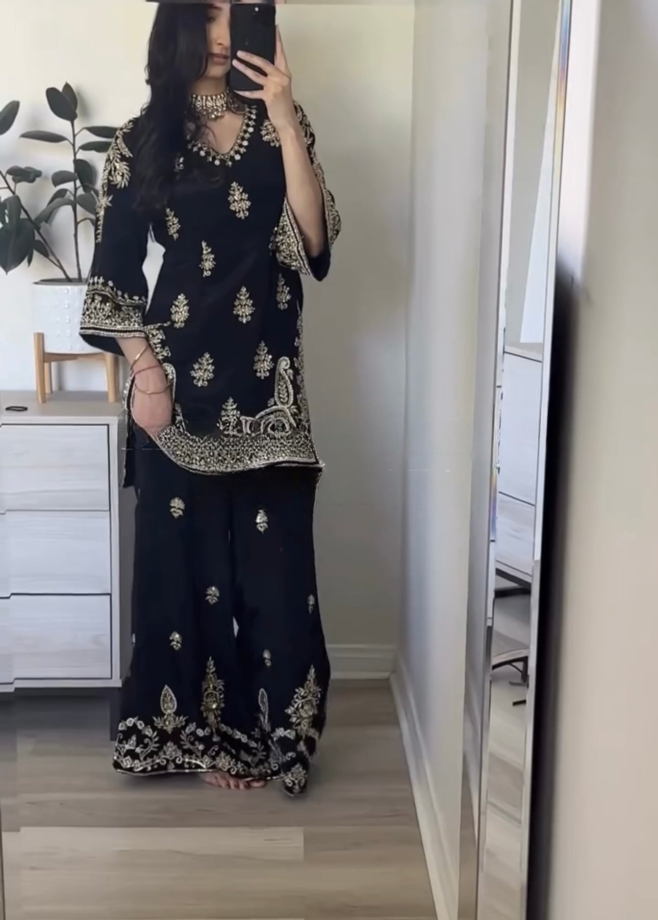 Stylish Embroidered Chinnon Silk Palazzo Set with Dupatta