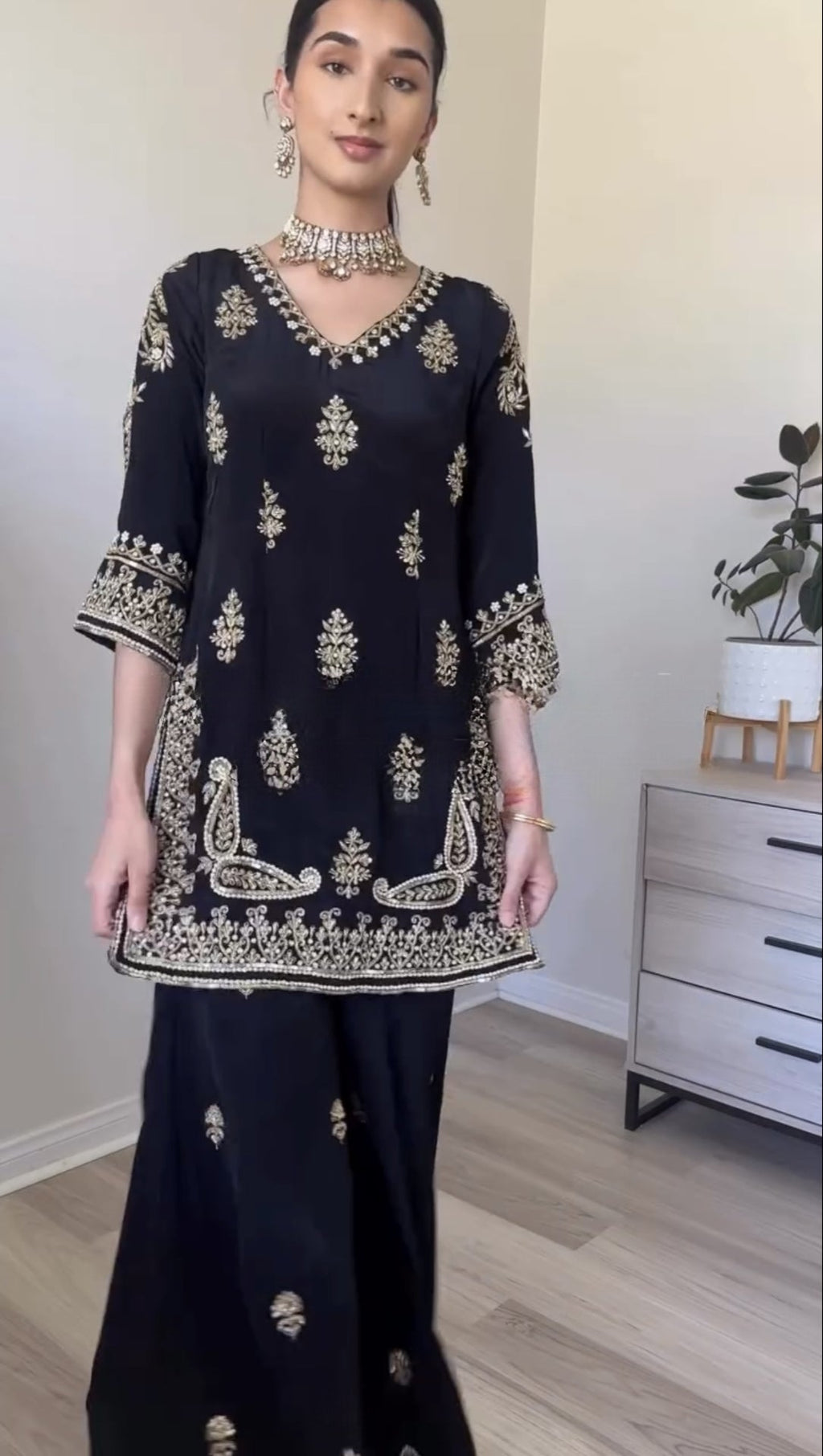 Stylish Embroidered Chinnon Silk Palazzo Set with Dupatta