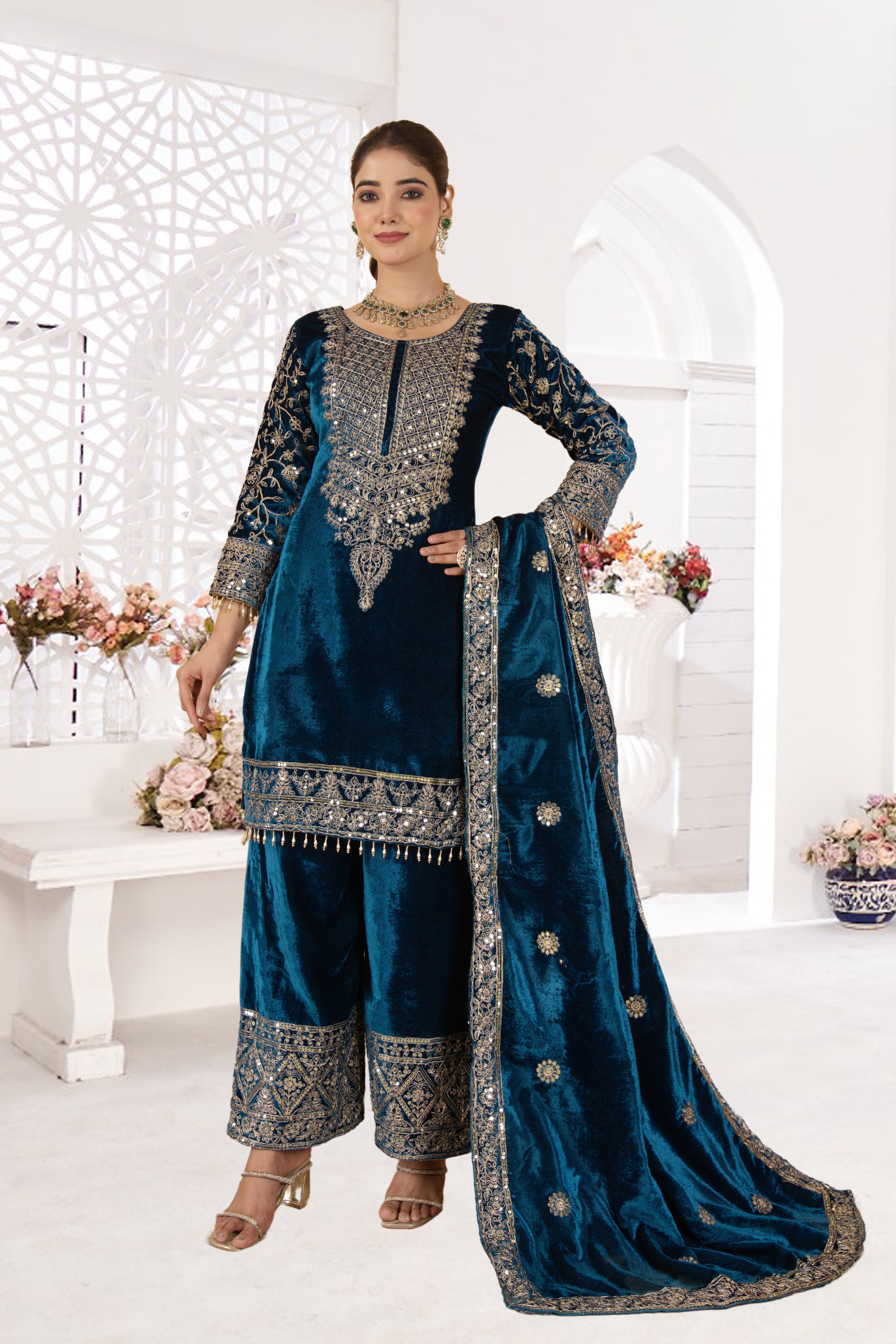 Royal Velvet Embroidered Suit Set-( NF-1231)