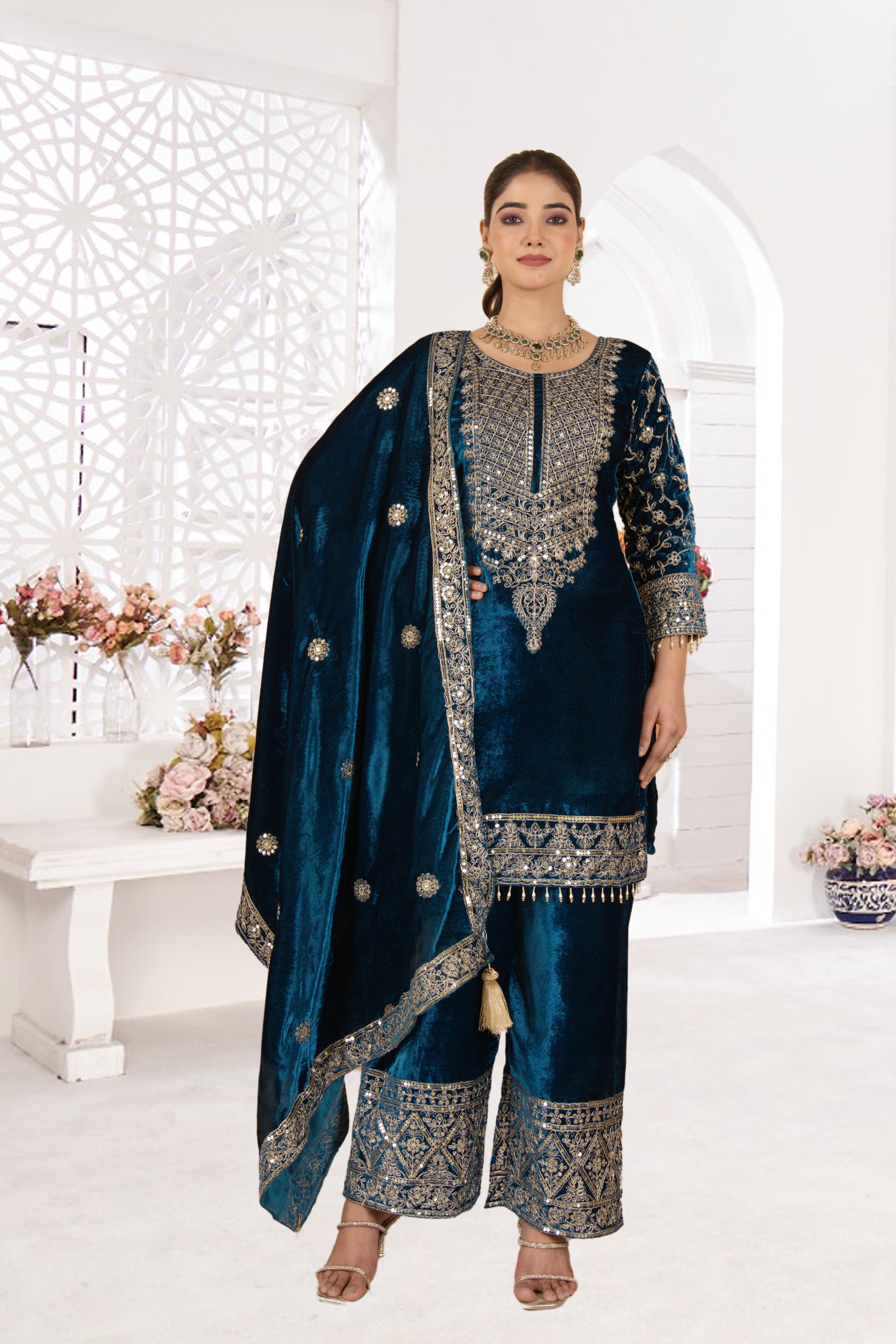 Royal Velvet Embroidered Suit Set-( NF-1231)