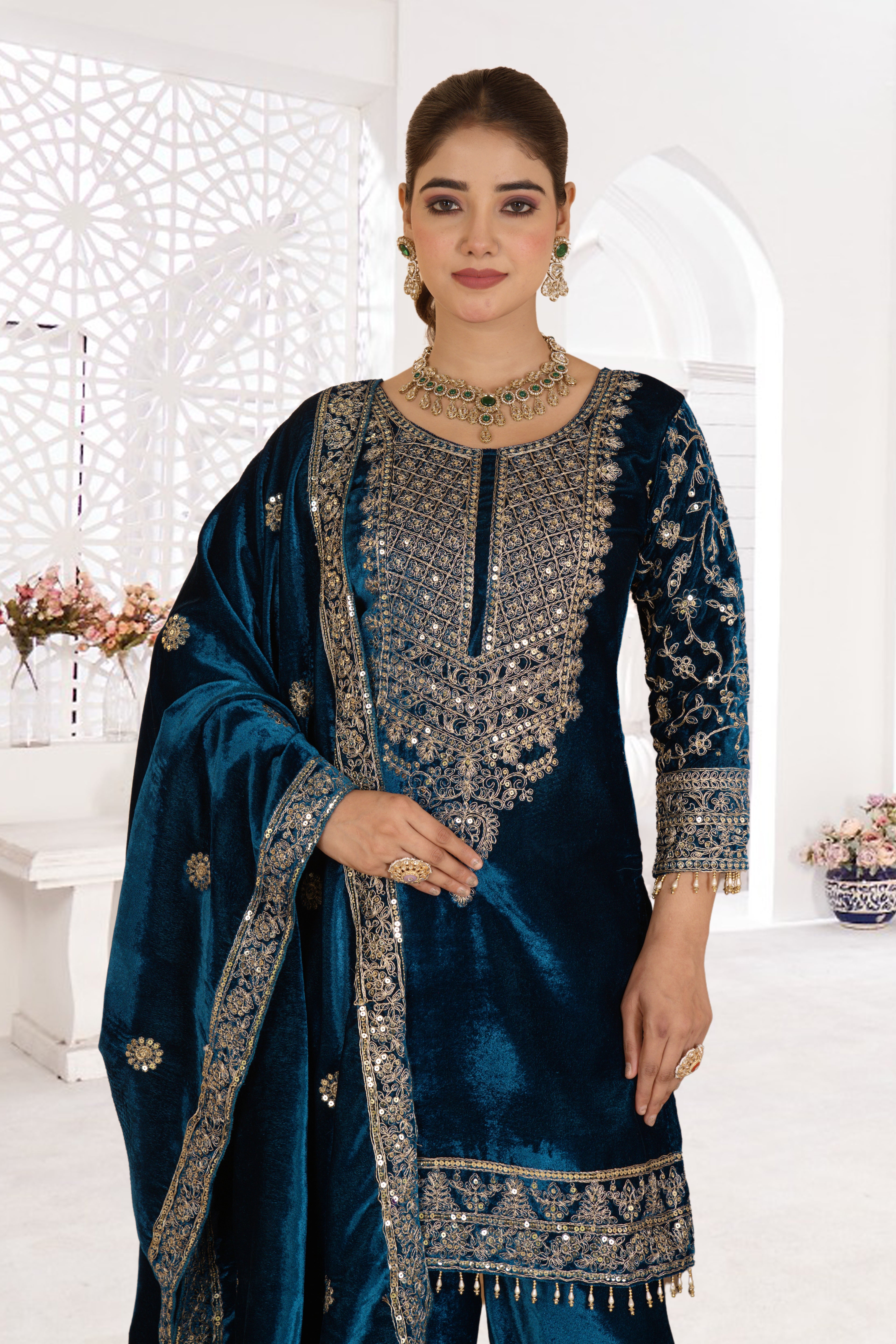 Royal Velvet Embroidered Suit Set-( NF-1231)