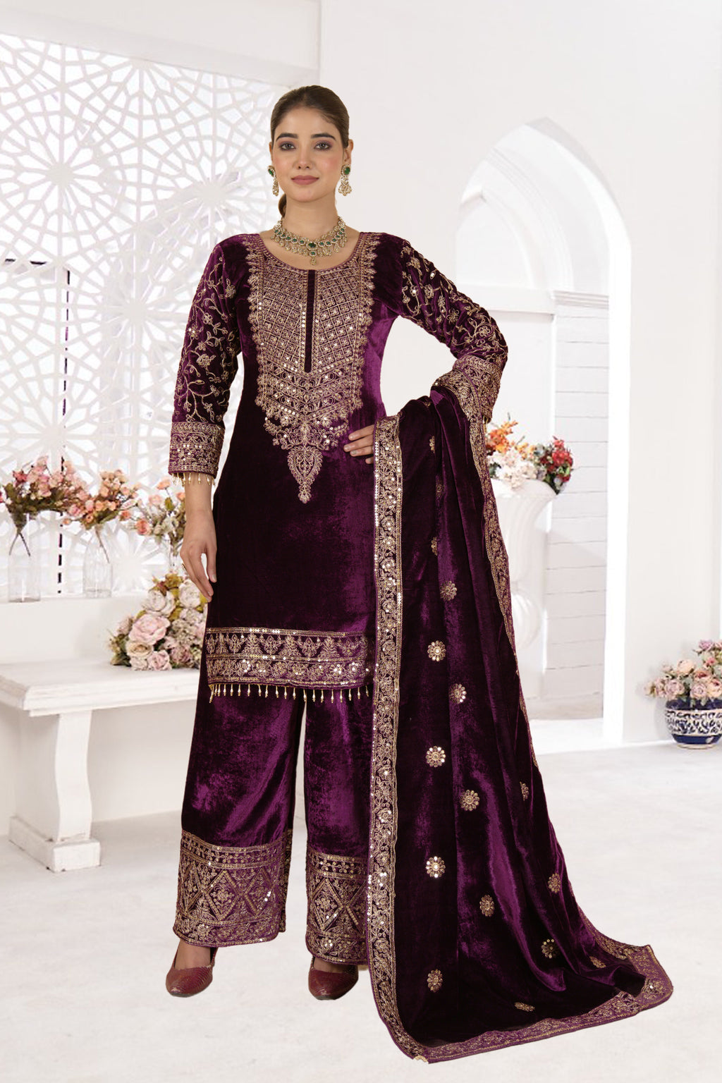 Royal Velvet Embroidered Suit Set-( NF-1231)