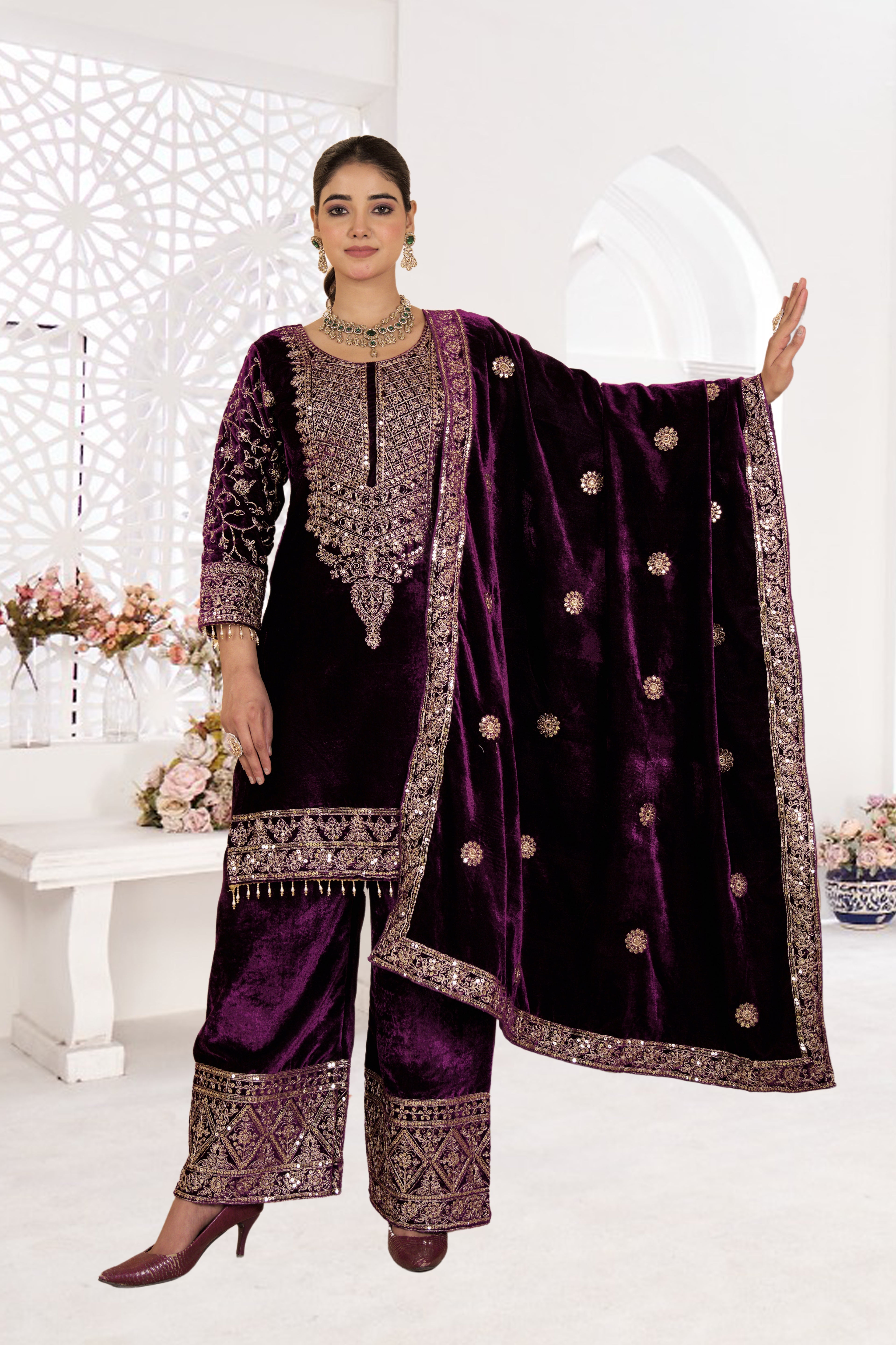 Royal Velvet Embroidered Suit Set-( NF-1231)