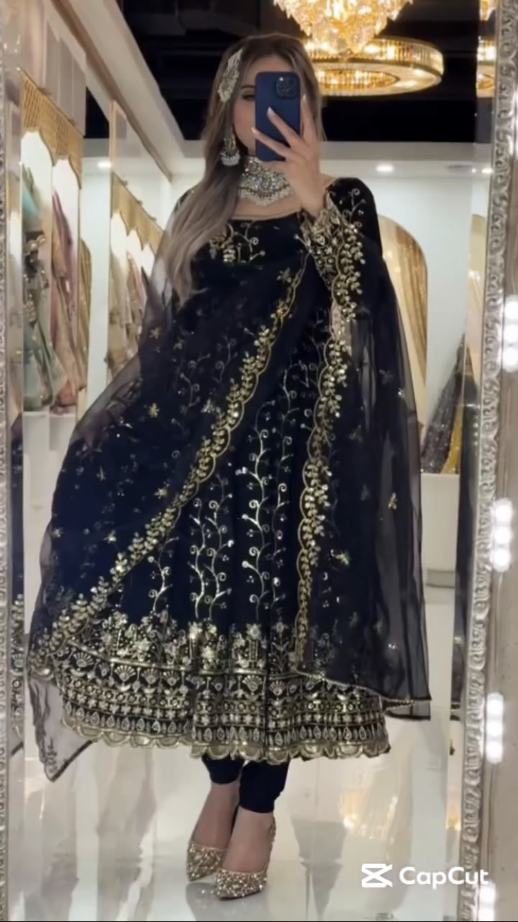 Premium Black Blooming Embroidered Anarkali Suit for Womens