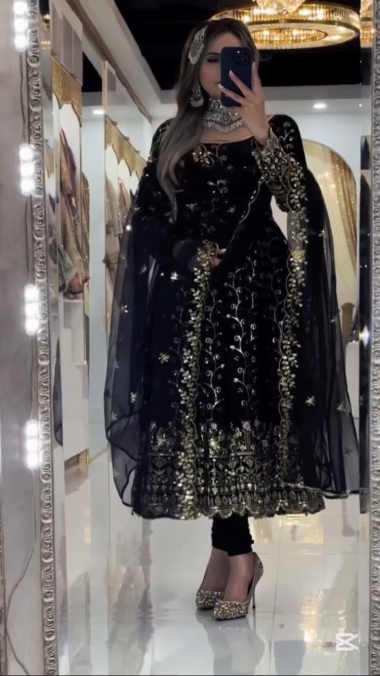 Premium Black Blooming Embroidered Anarkali Suit for Womens