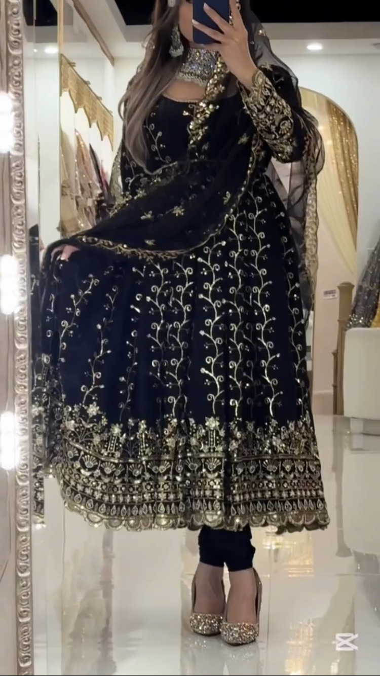 Premium Black Blooming Embroidered Anarkali Suit for Womens