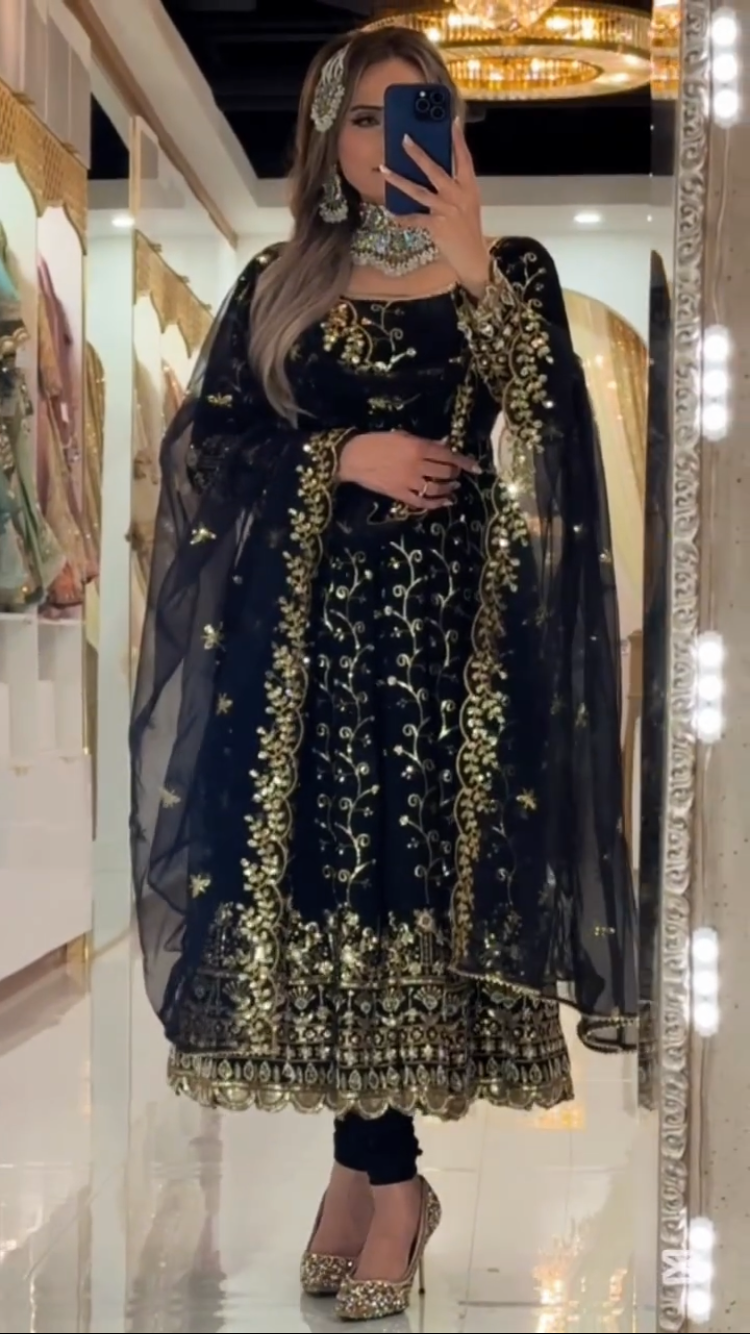 Premium Black Blooming Embroidered Anarkali Suit for Womens