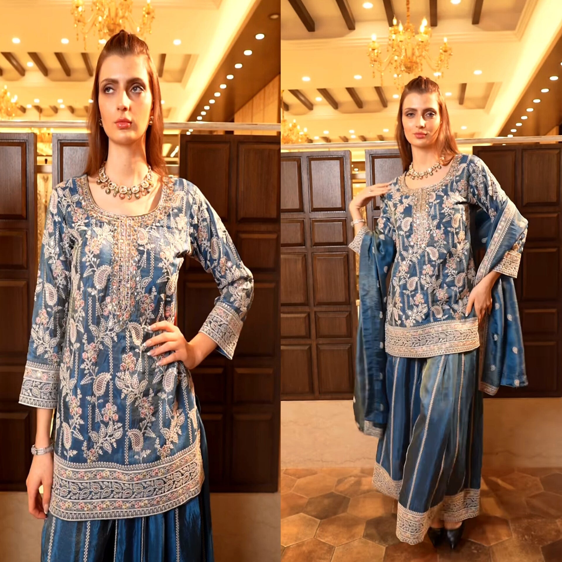 Designer Heavy Embroidered Chinnon Silk Top-Plazzo with Dupatta-( ND-1233 )