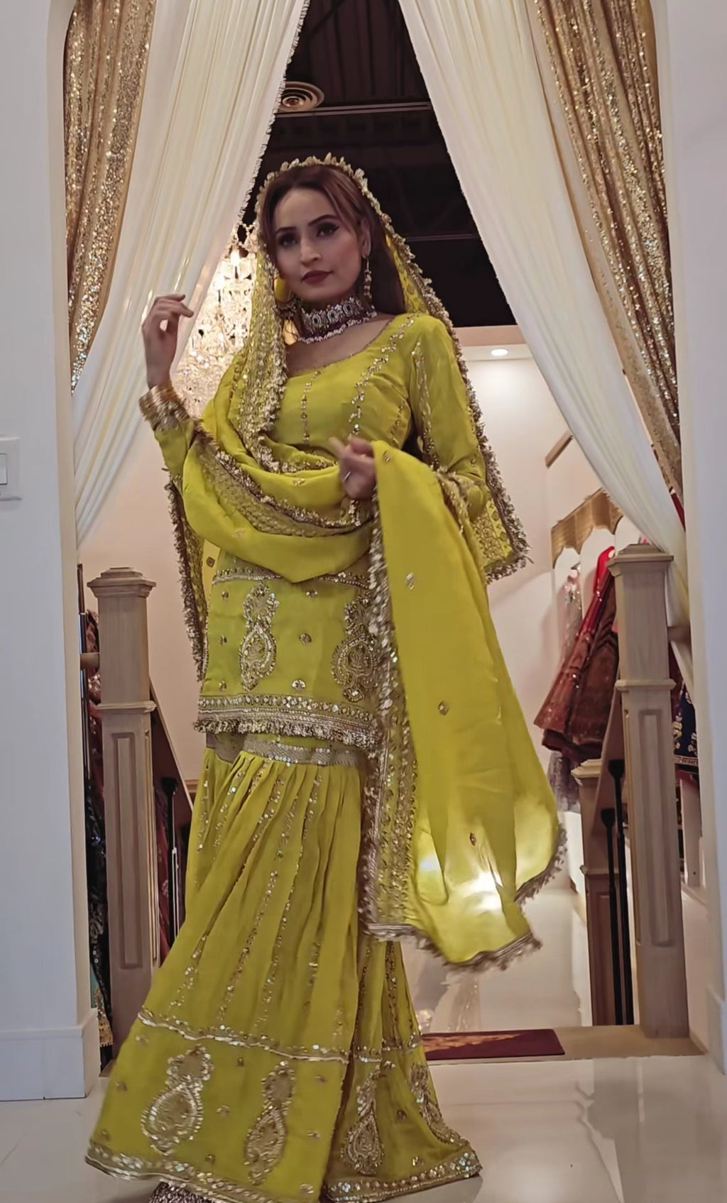 Premium Chinon Silk Embroidered Top with Sharara Plazzo & Dupatta Set