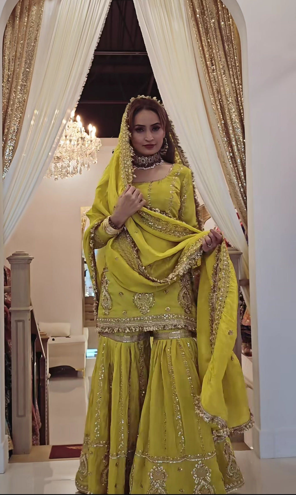 Premium Chinon Silk Embroidered Top with Sharara Plazzo & Dupatta Set