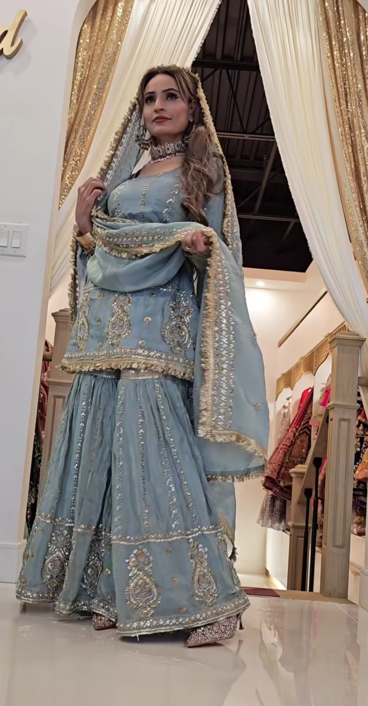 Premium Chinon Silk Embroidered Top with Sharara Plazzo & Dupatta Set