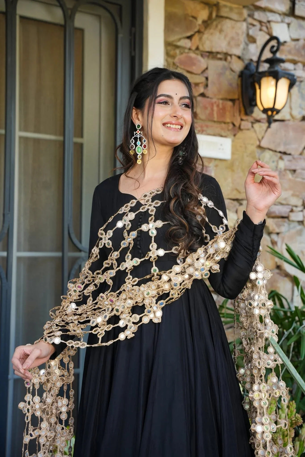 Your Designer Studio Black Crepe Kurta Palazzo Set with Heavy Net Embroidered Dupatta
