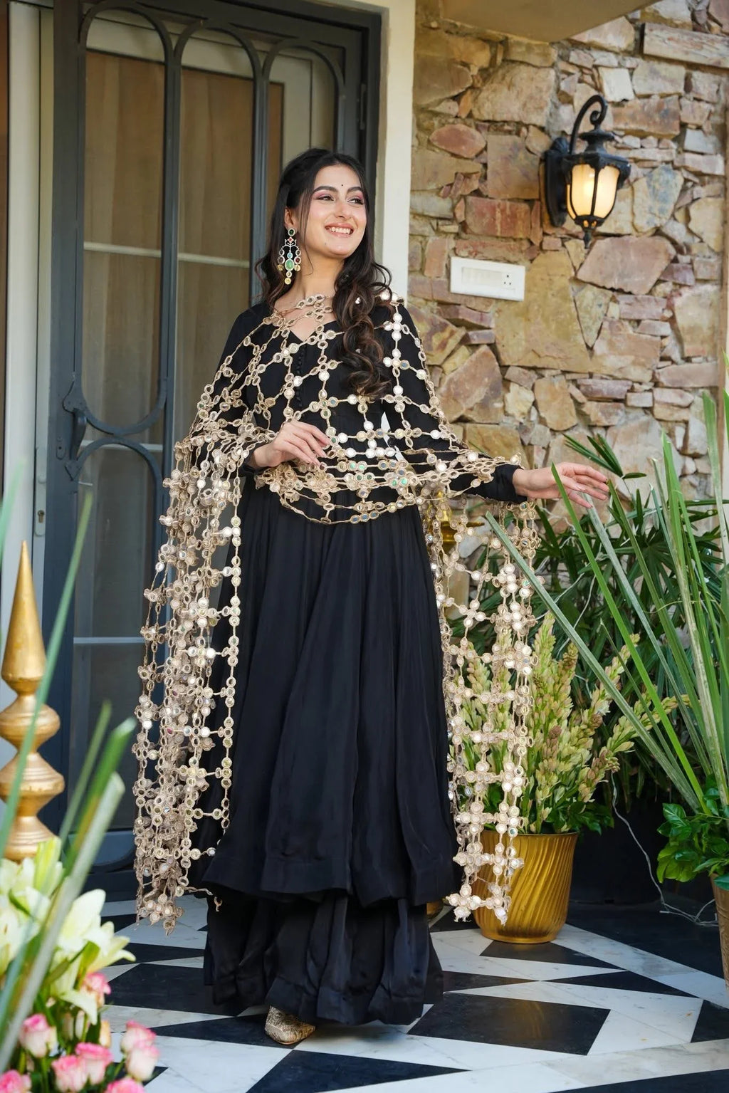 Your Designer Studio Black Crepe Kurta Palazzo Set with Heavy Net Embroidered Dupatta
