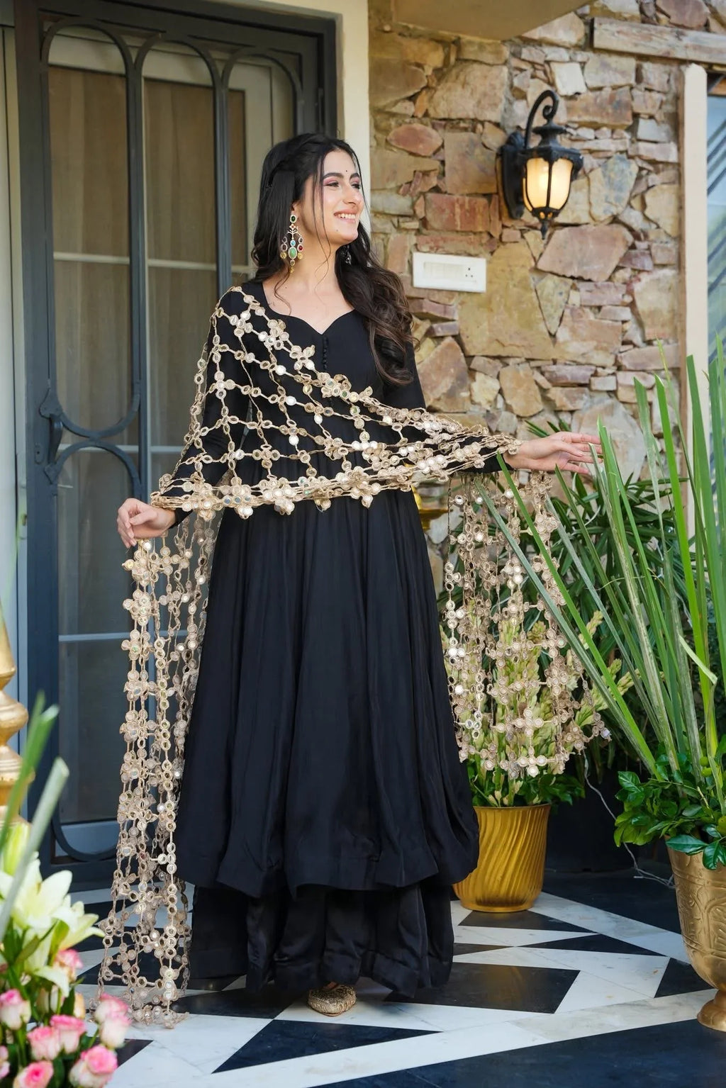 Your Designer Studio Black Crepe Kurta Palazzo Set with Heavy Net Embroidered Dupatta