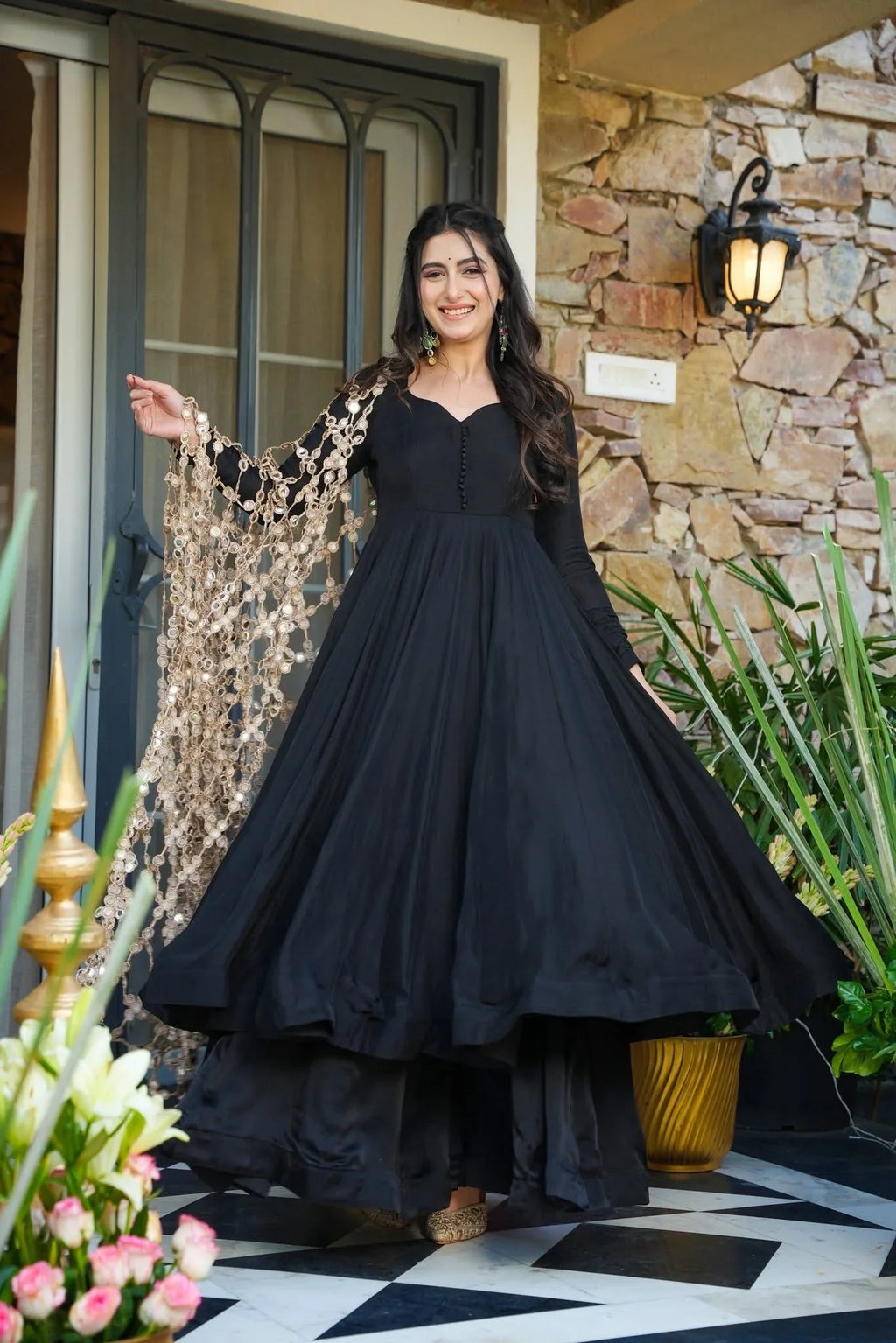 Your Designer Studio Black Crepe Kurta Palazzo Set with Heavy Net Embroidered Dupatta